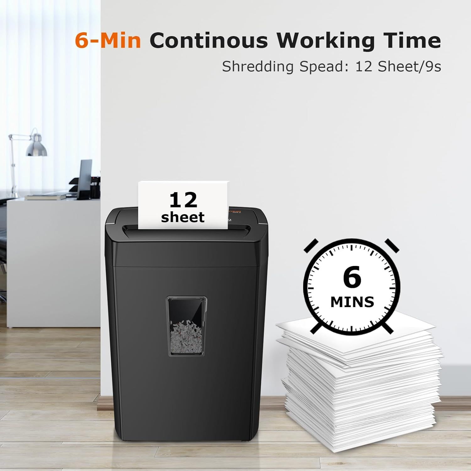 Communicates the shredder's performance capabilities by highlighting its 6-minute continuous runtime and fast shredding speed of 12 sheets per 9 seconds, reassuring shoppers of its efficiency and…