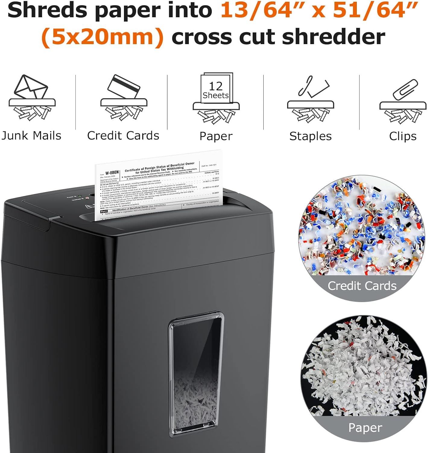 Demonstrates the shredder's versatility by showing it can handle multiple types of materials (junk mail, credit cards, paper, staples, clips) and provides visual proof of the cross-cut shred results…