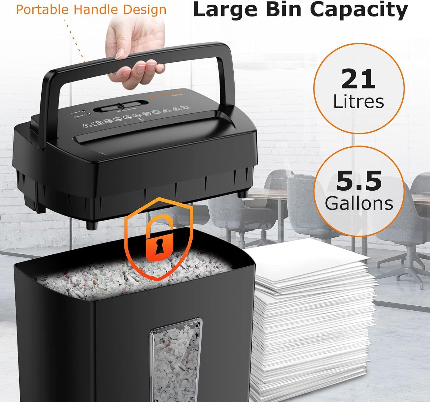 Communicates multiple key benefits of the paper shredder including portability, large capacity for high-volume shredding, and security features to reassure shoppers about convenience and data…