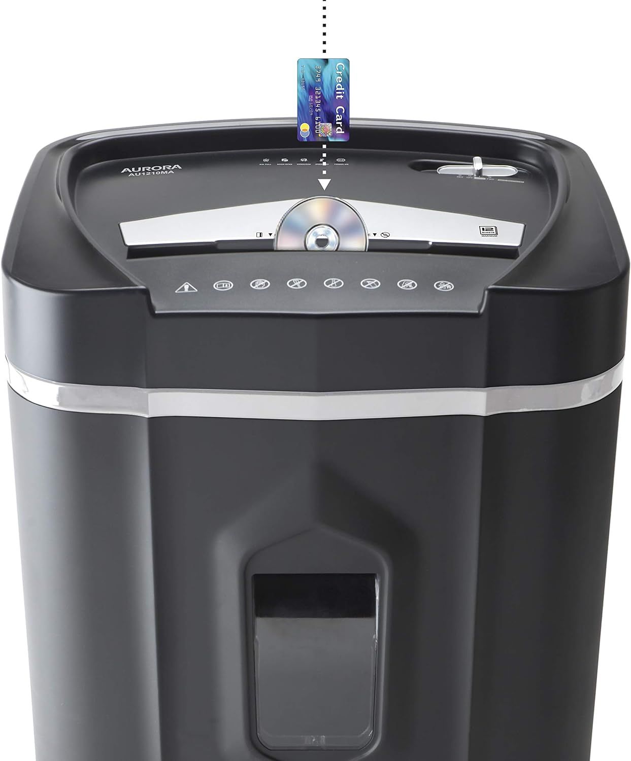 Demonstrates how to use the shredder by showing a credit card being inserted into the feed slot, reassuring shoppers that the product can securely destroy sensitive documents and cards.