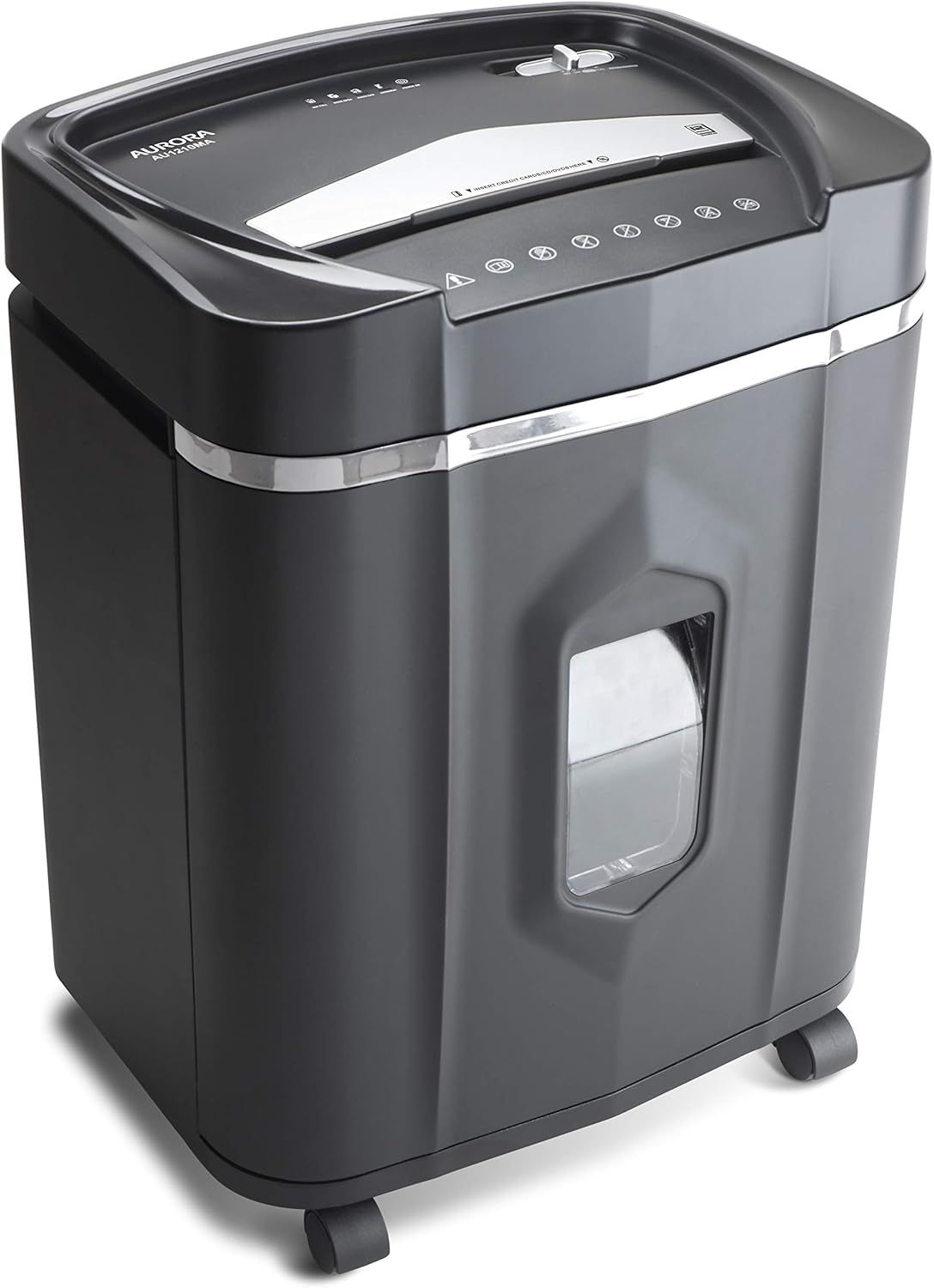 Provides a clean, catalog-style view of the paper shredder to show its design, size, and physical appearance without distractions.