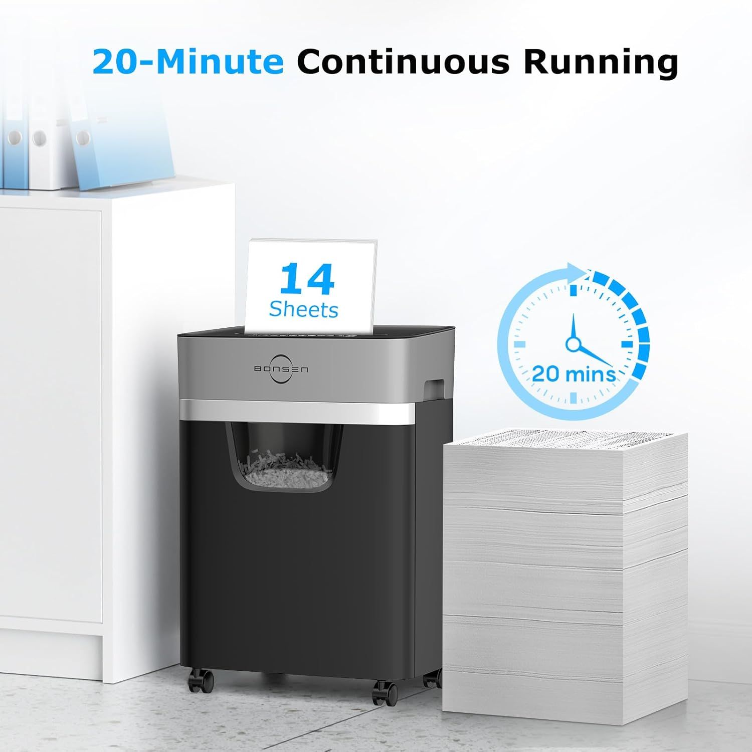 Communicates the shredder's performance capabilities by highlighting its continuous 20-minute runtime and 14-sheet capacity, reassuring shoppers of its efficiency and suitability for extended use.…