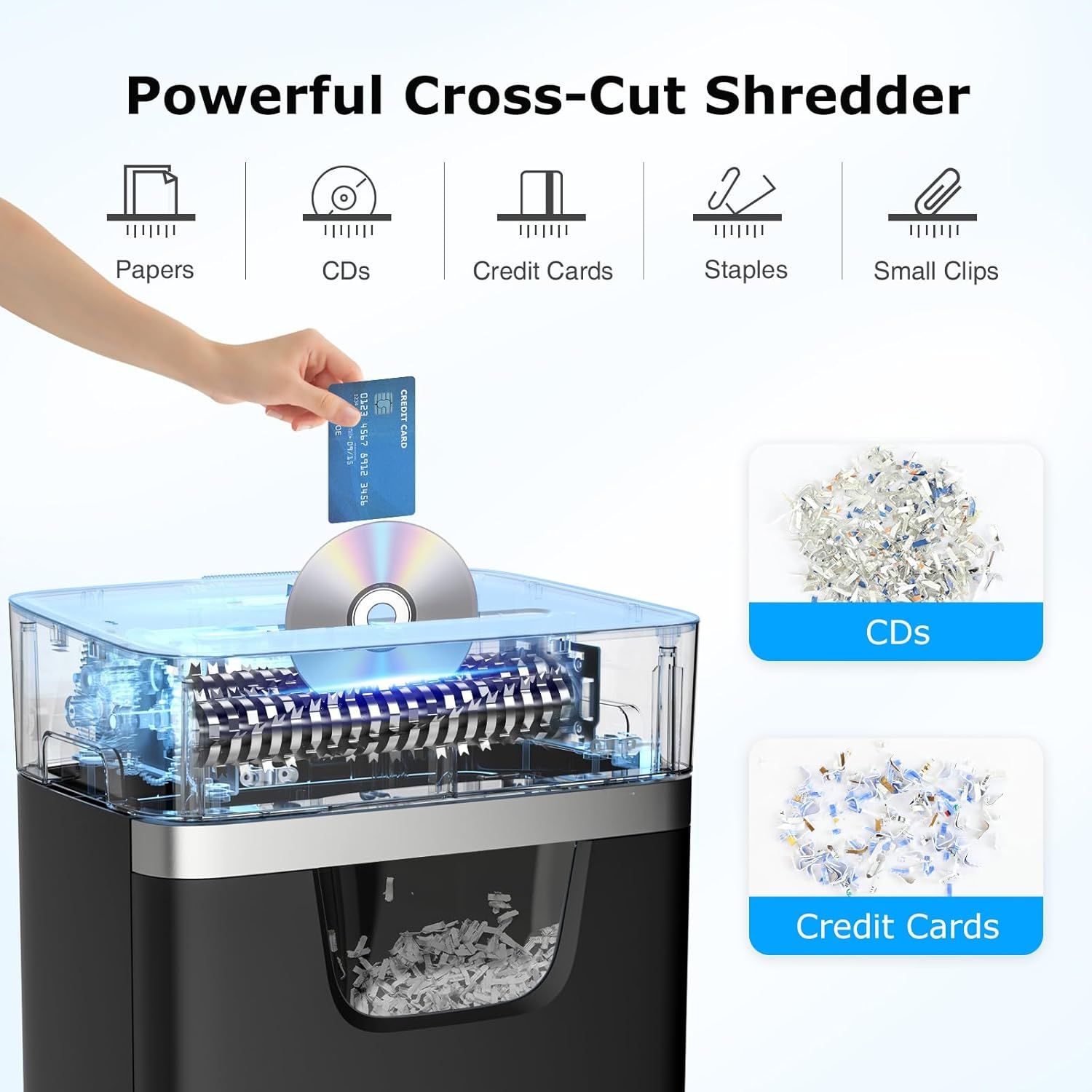 Demonstrates the shredder's versatility by showing it can handle multiple types of materials, with visual proof of the cross-cut mechanism and shredded output for CDs and credit cards.