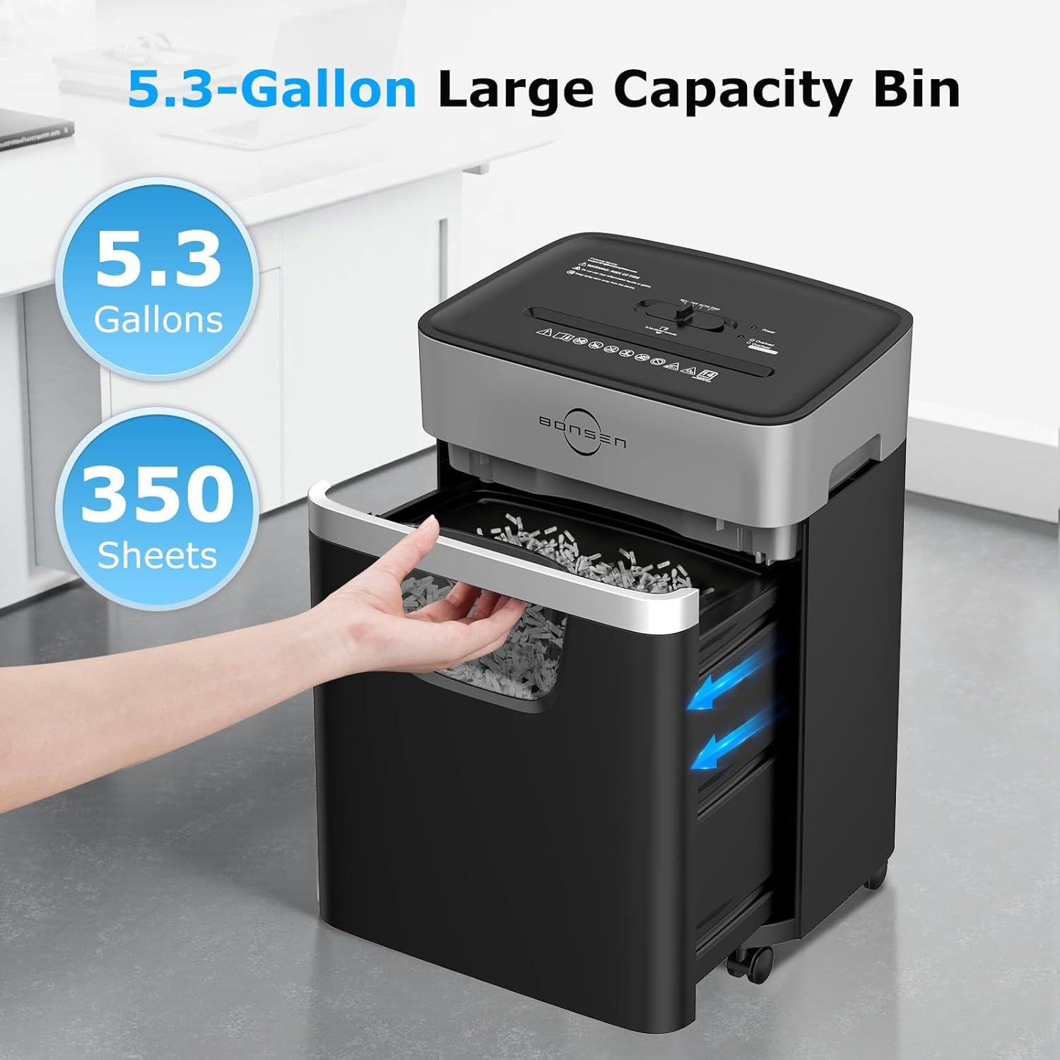 Communicates the large capacity of the shredder bin to reassure shoppers they won't need to empty it frequently, emphasizing convenience and efficiency. Highlights the generous bin size as a key…