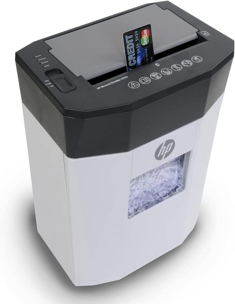 Provides a clear, unobstructed view of the HP paper shredder showing its design, transparent shred bin, and control panel for catalog-style presentation.