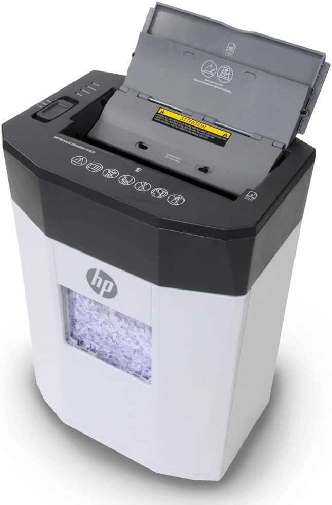 Provides a clean, catalog-style view of the HP paper shredder showing the product design, brand logo, and transparent window displaying shredded paper.