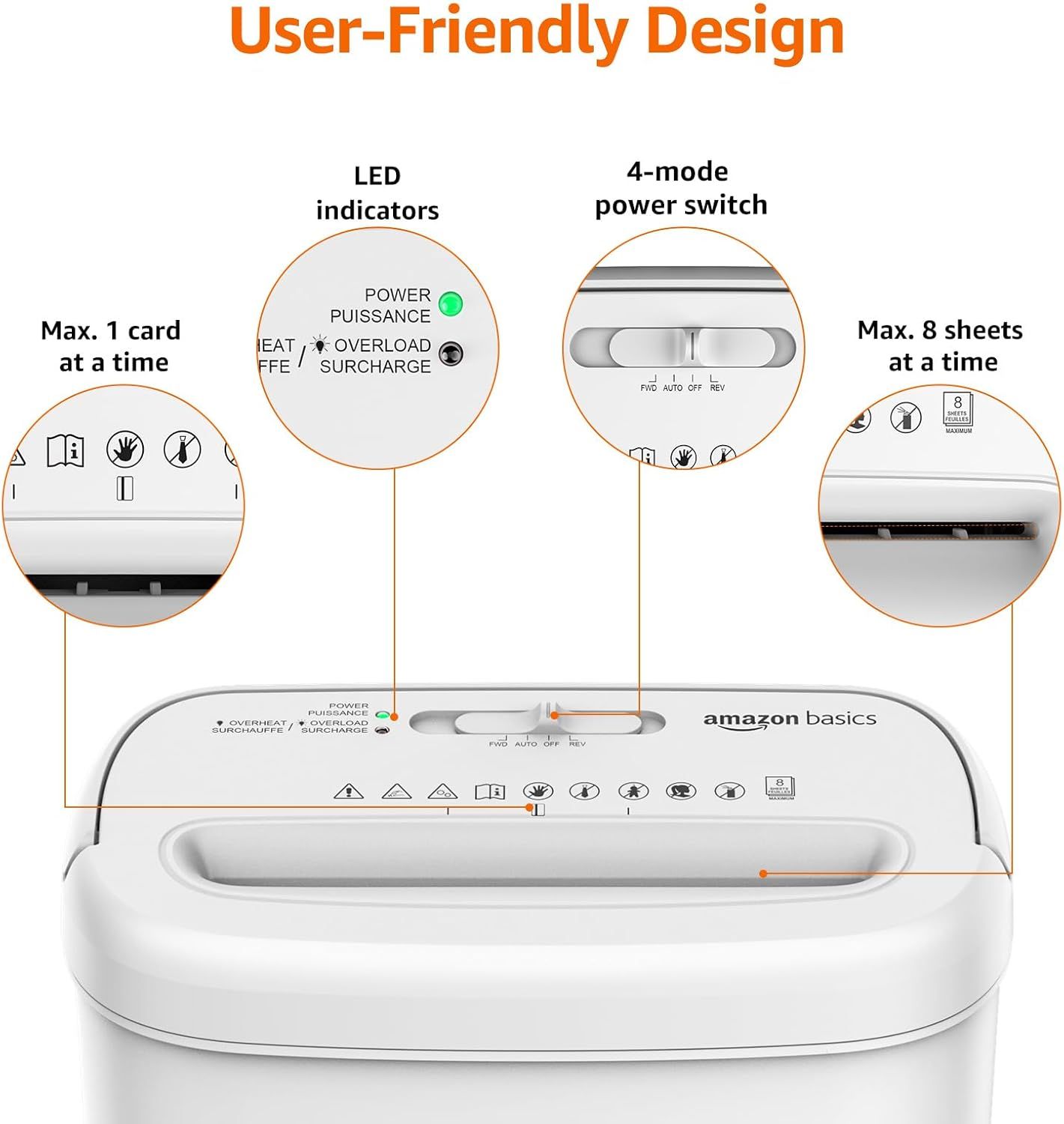 This image breaks down the physical components and features of the laminator to help shoppers understand how to operate the device and its key functional elements. Communicates multiple distinct…