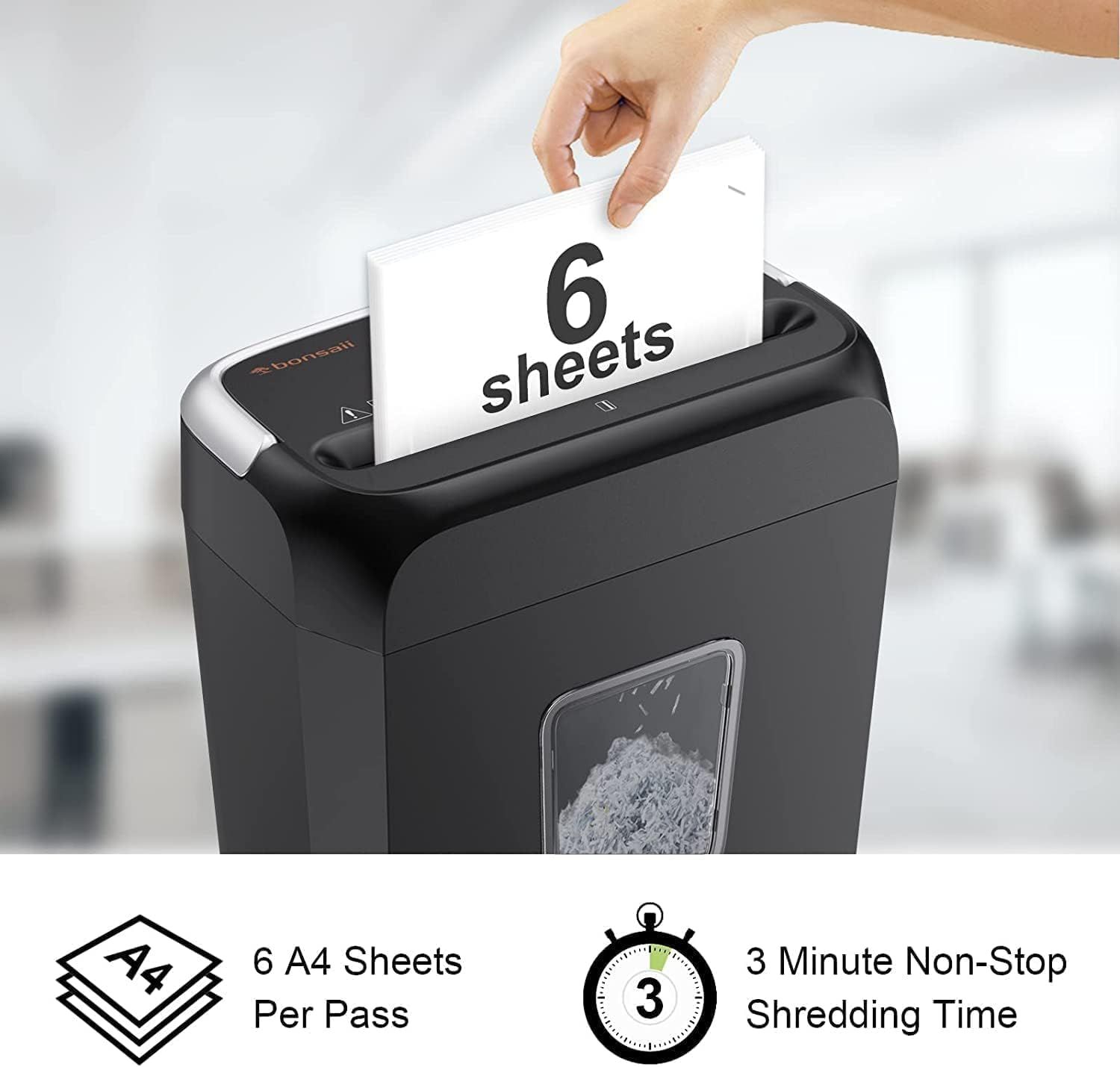 Communicates the shredder's key performance specifications—6 A4 sheets per pass capacity and 3-minute continuous shredding time—to help shoppers understand the product's efficiency and capability.…