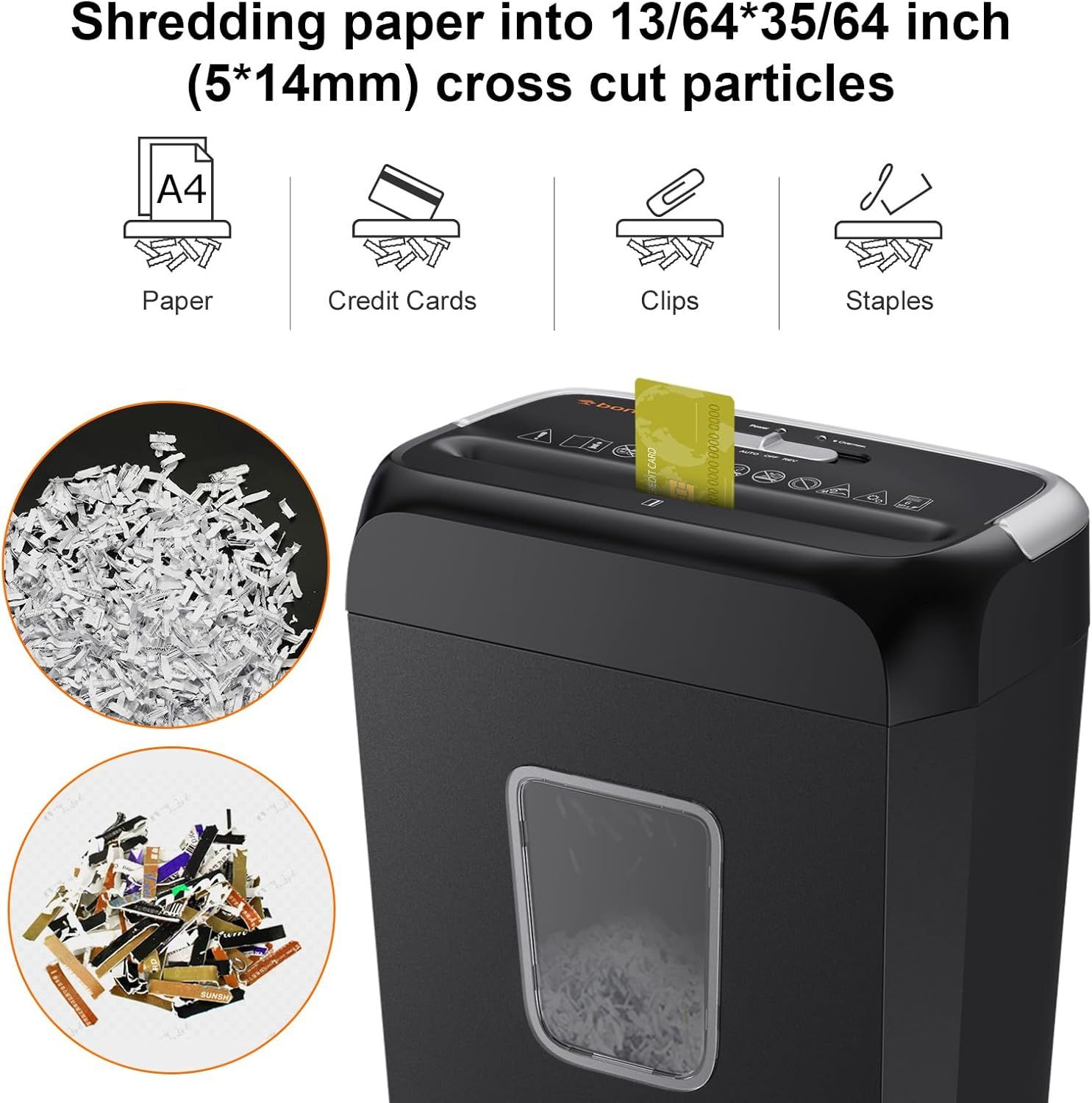 Demonstrates the shredder's versatility by showing it can handle multiple types of materials and highlights the specific cross-cut particle size for security.
