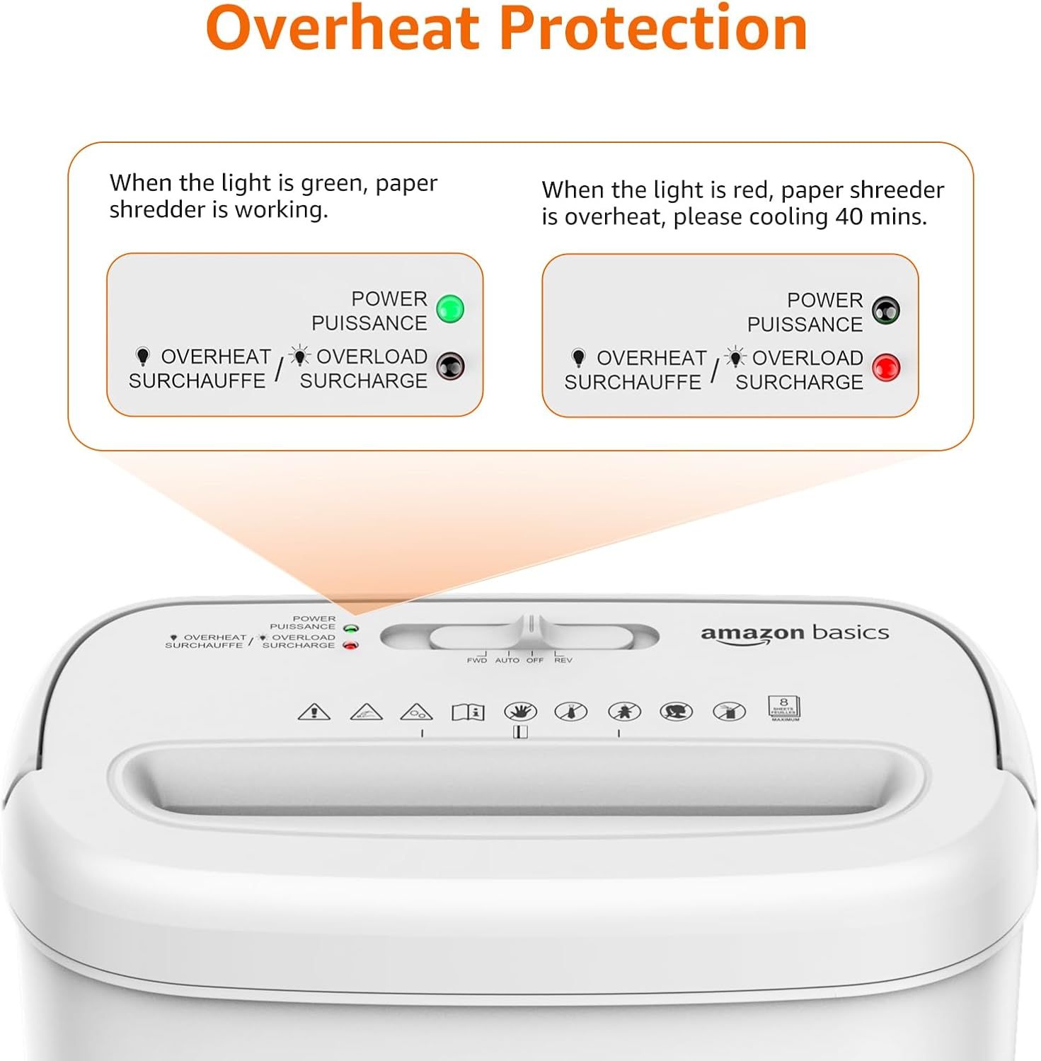 Explains how to interpret the indicator lights on the paper shredder to understand when it's working normally (green light) versus when it's overheated and needs cooling time (red light), helping…