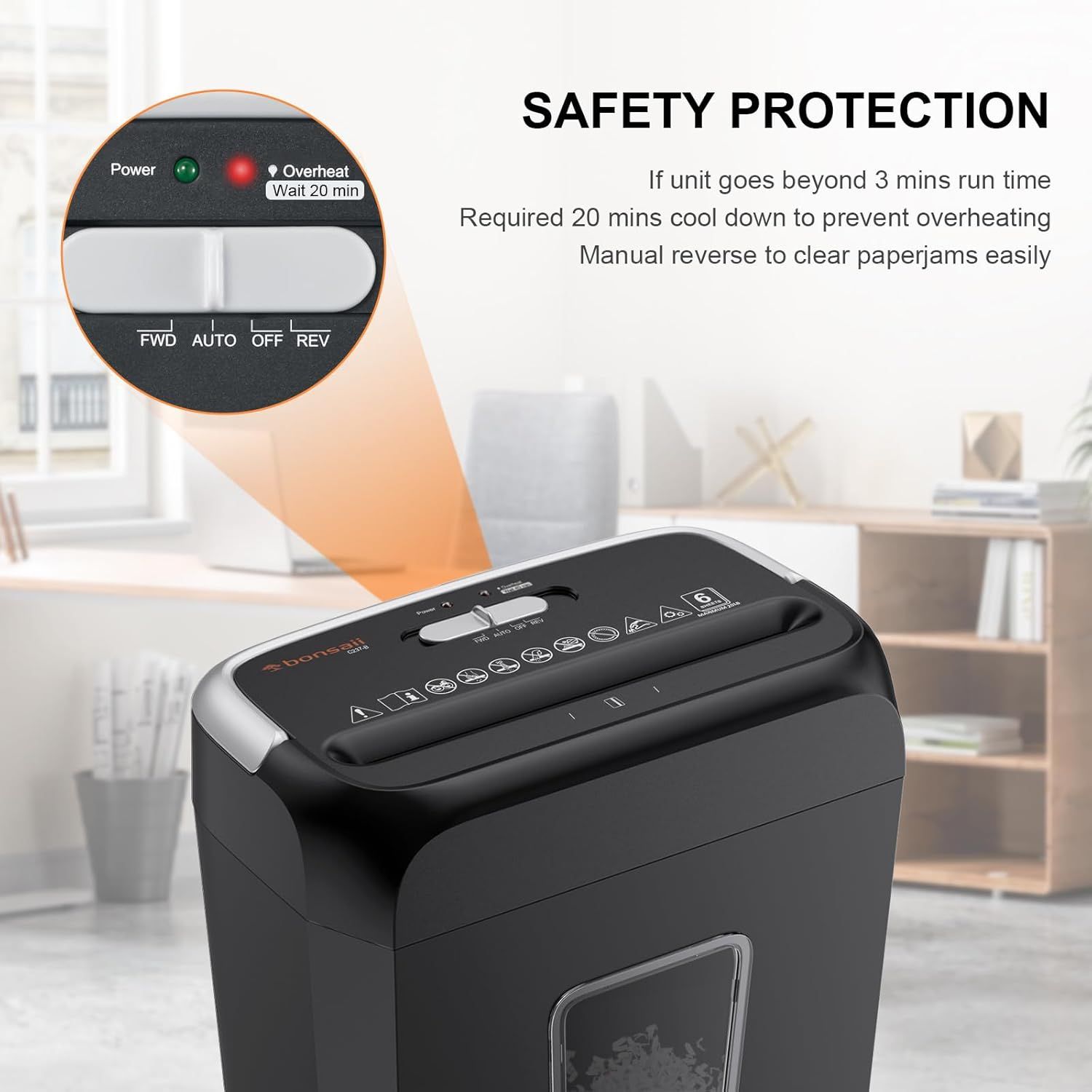 Highlights the safety features and control panel of the paper shredder, showing the overheat indicator light and manual reverse function to reassure shoppers about safe operation and jam prevention.…