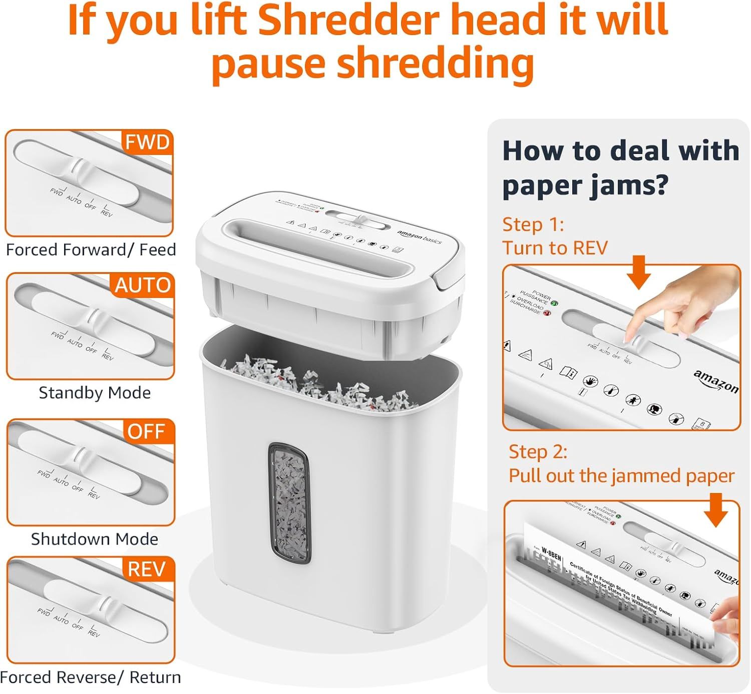 Explains how to operate the shredder's different modes and provides step-by-step instructions for resolving paper jams, reassuring shoppers that the product is easy to use and maintain. Showcases…