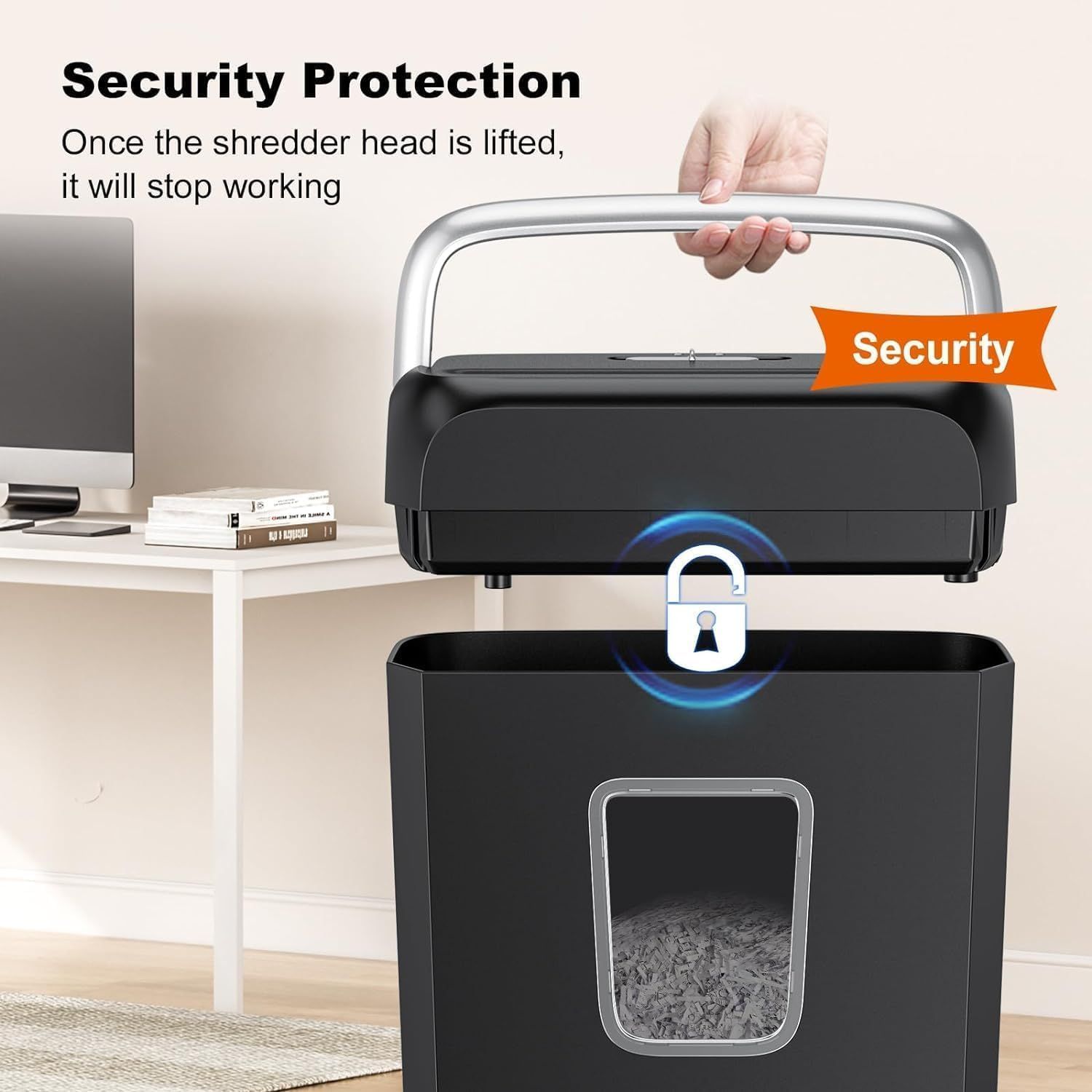 Communicates that the shredder has a safety feature that automatically stops working when the head is lifted, providing peace of mind and preventing accidents. Highlights the single safety benefit…