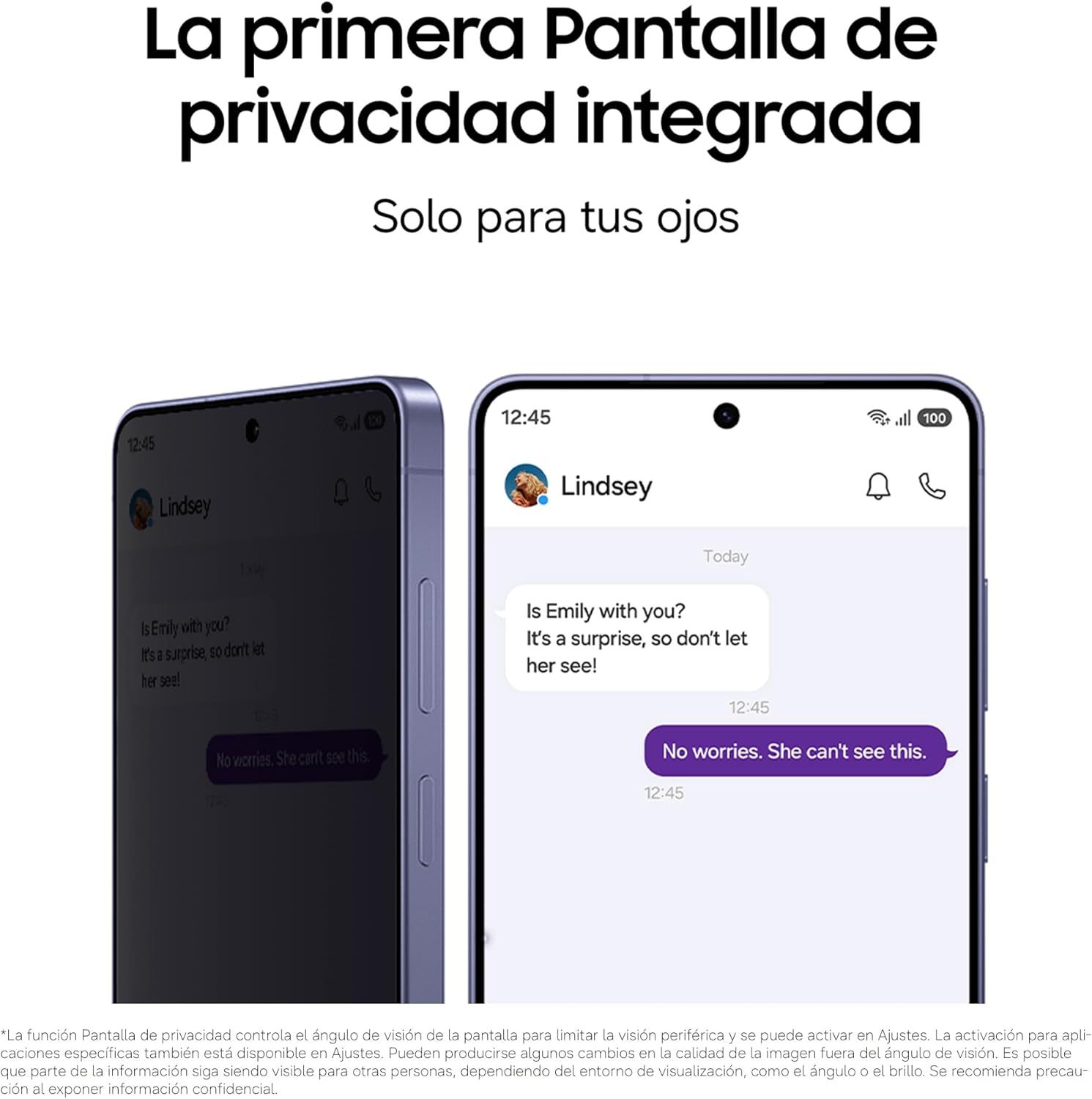 Demonstrates the phones integrated privacy screen feature that limits viewing angles so only the user can see the screen content, providing privacy protection in public settings.