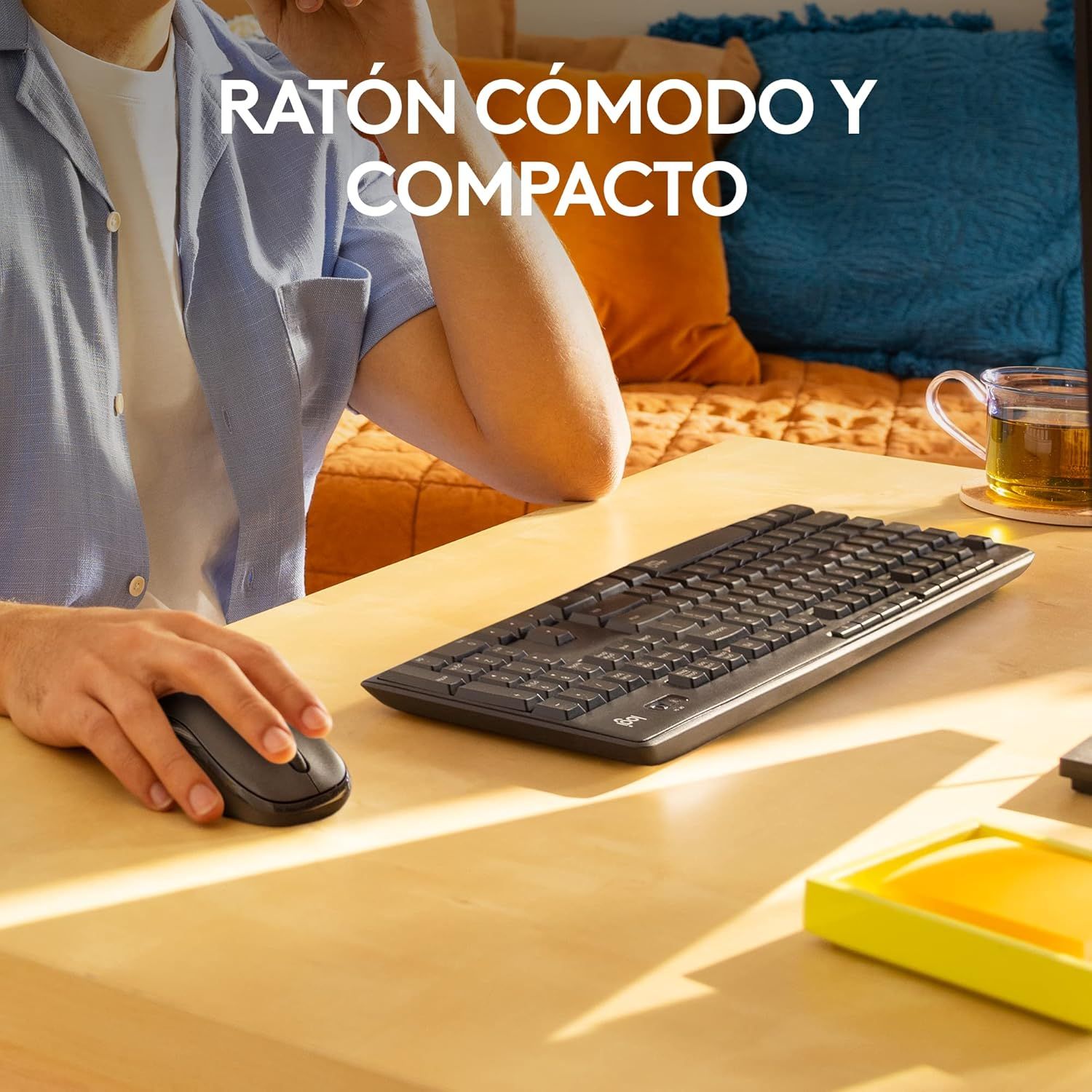 Communicates that the keyboard and mouse combo is comfortable to use and compact in size, ideal for home or office work environments.