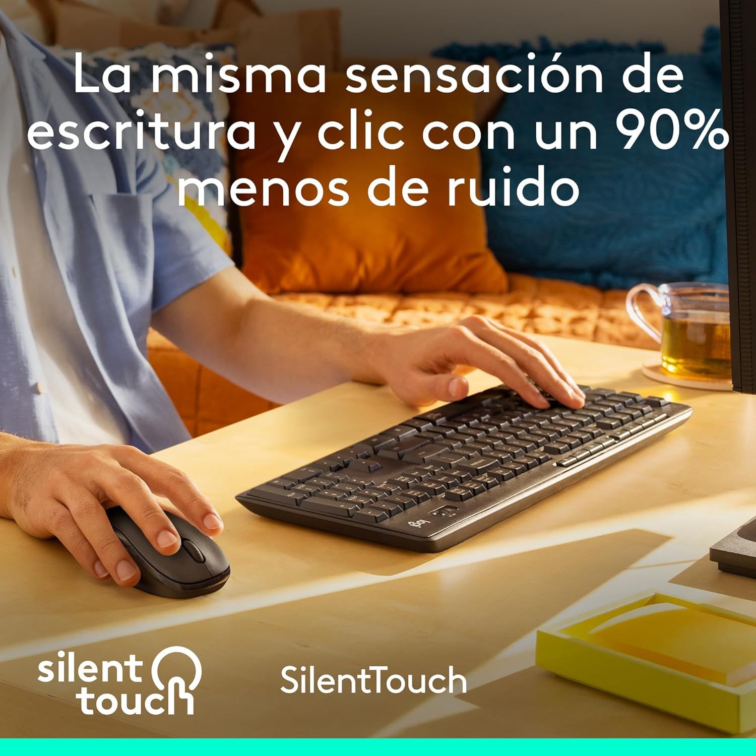 Communicates the keyboard's quiet performance with a bold quantifiable claim (90% less noise) to reassure shoppers that it provides a silent typing and clicking experience. Highlights the primary…
