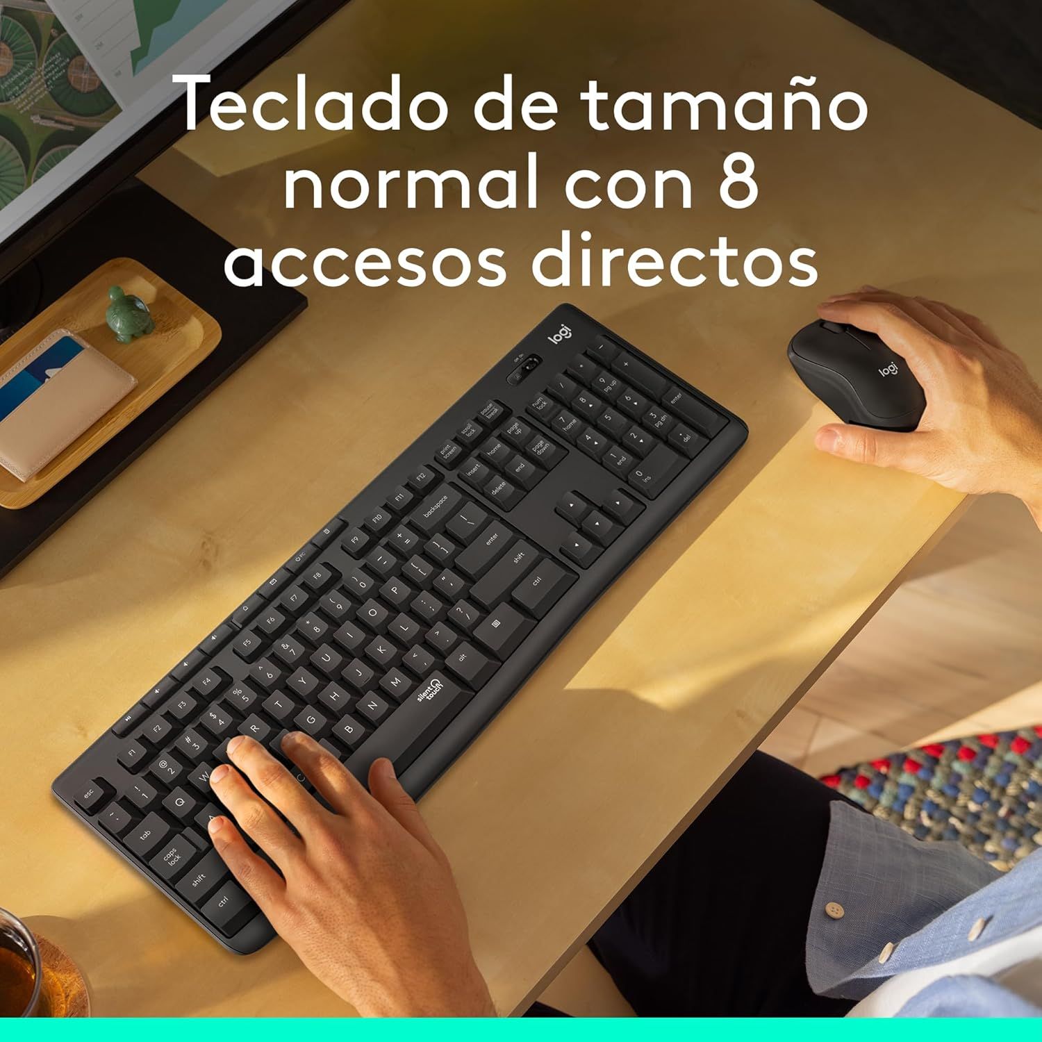 Highlights the keyboard's full-size layout with 8 direct access shortcut keys to communicate convenience and productivity benefits to the shopper.