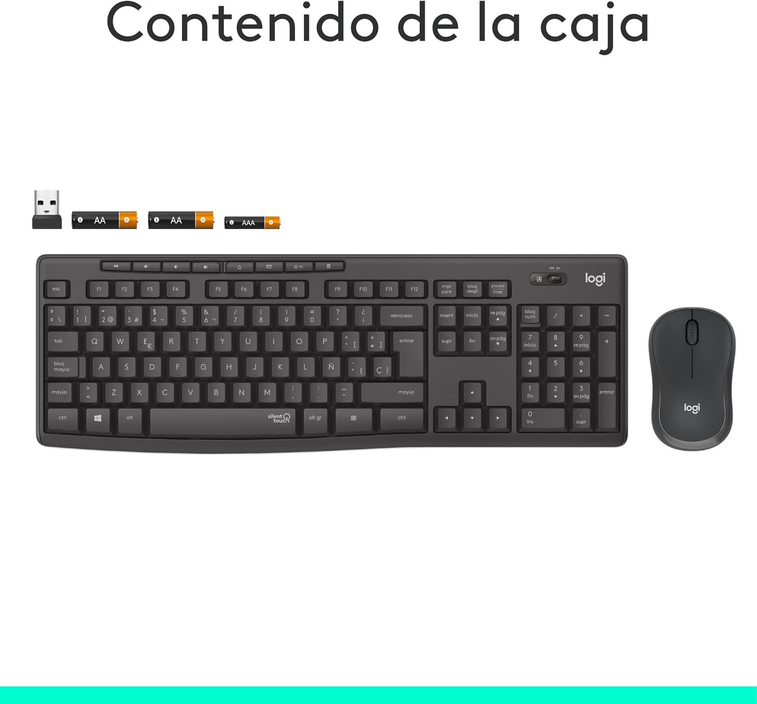 Shows the complete contents of the package to inform shoppers exactly what they will receive: a full-size keyboard, wireless mouse, and USB receiver.