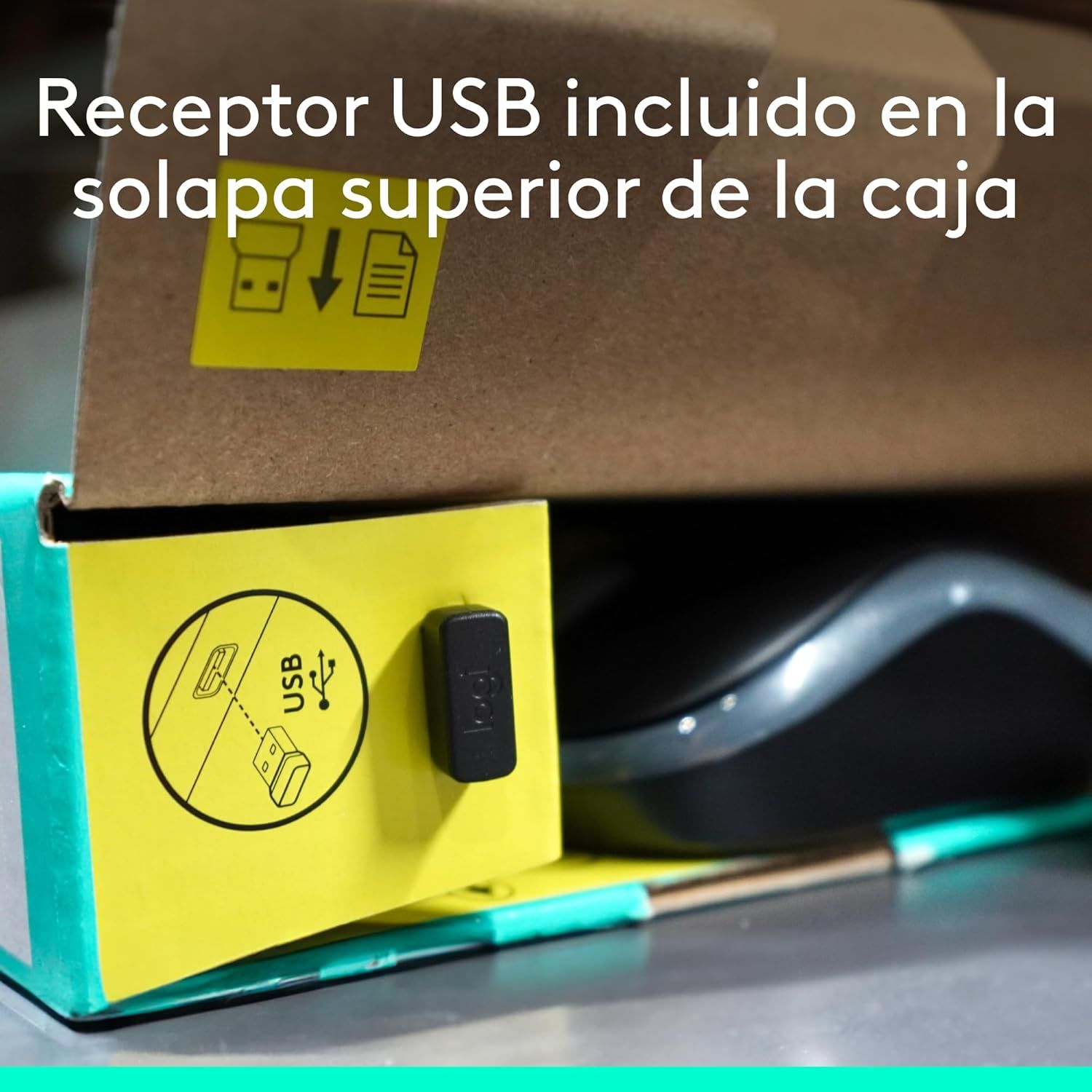 Shows the shopper exactly where the USB receiver is stored within the product packaging, making it easy to locate and reducing the risk of losing this small but essential component.