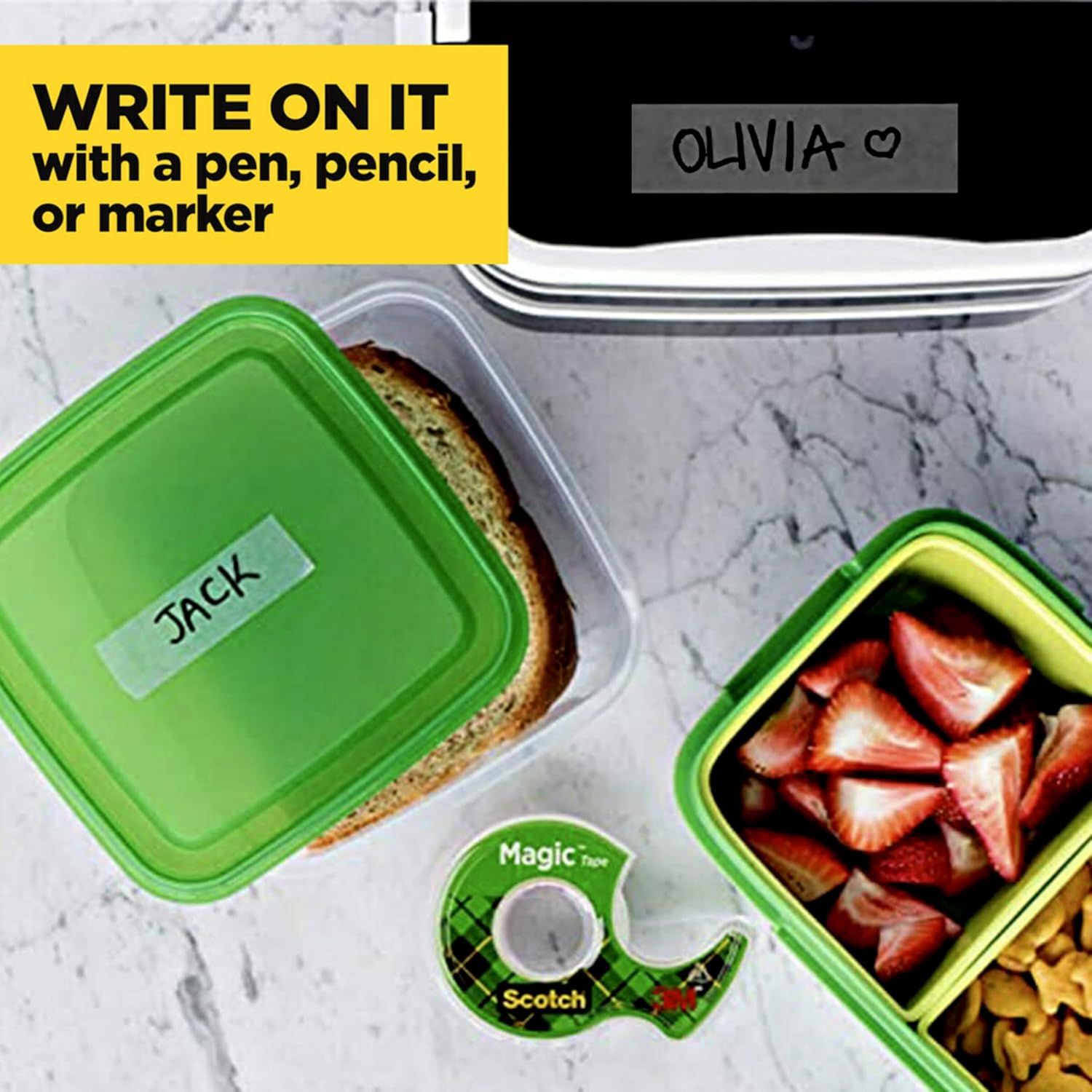 Highlights the product's writable surface feature, allowing parents to label containers for easy identification and organization of kids' lunches.