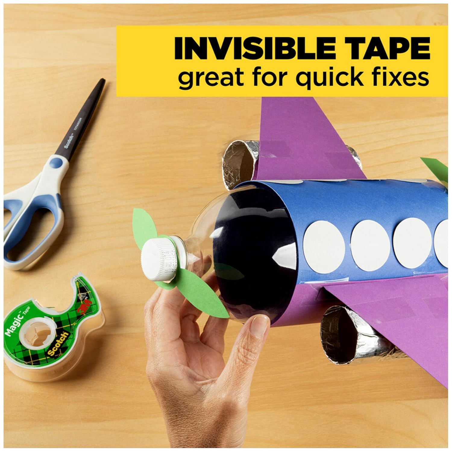 Demonstrates the tape's versatility by showing it being used in a creative craft project, reassuring shoppers that the invisible tape is suitable for arts, crafts, and quick repair tasks. Highlights…
