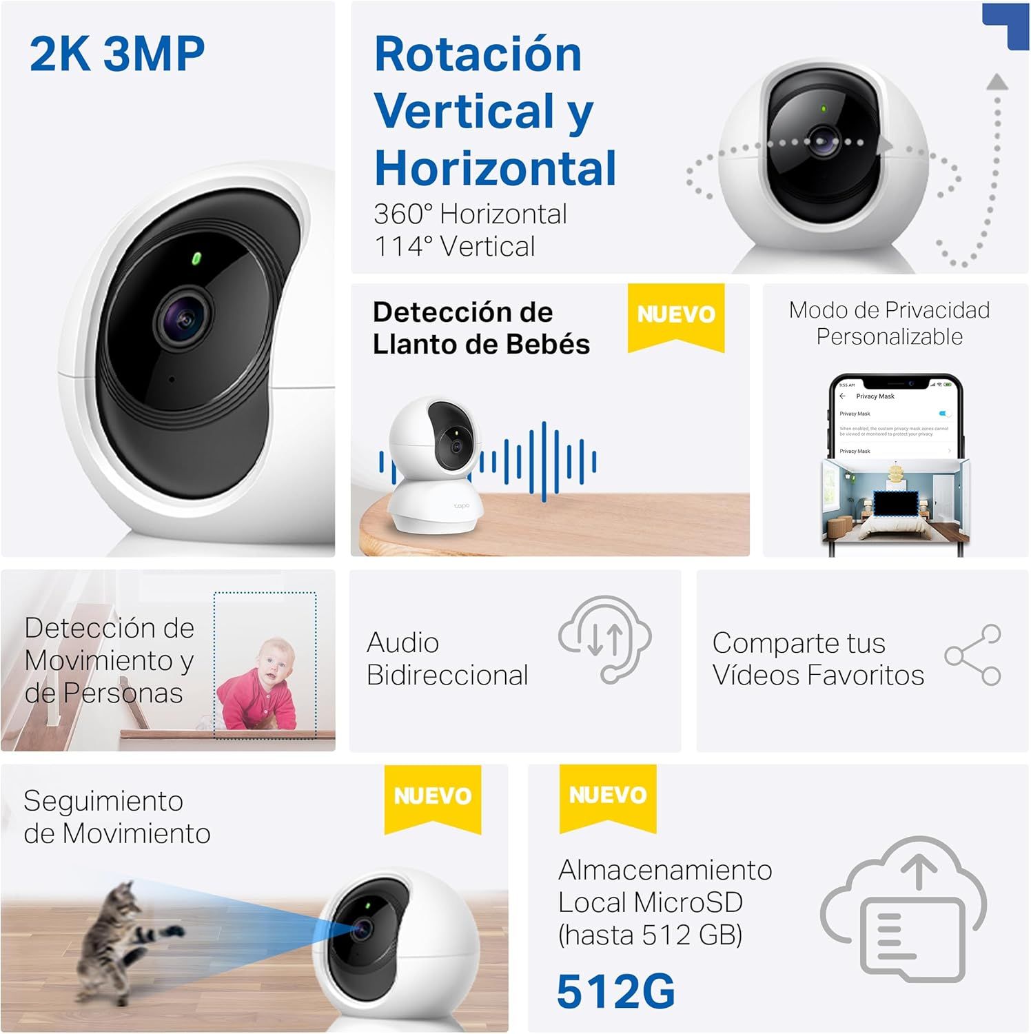 This image showcases multiple distinct features and benefits of the security camera in a visually segmented grid layout, helping shoppers understand the comprehensive capabilities of the product…