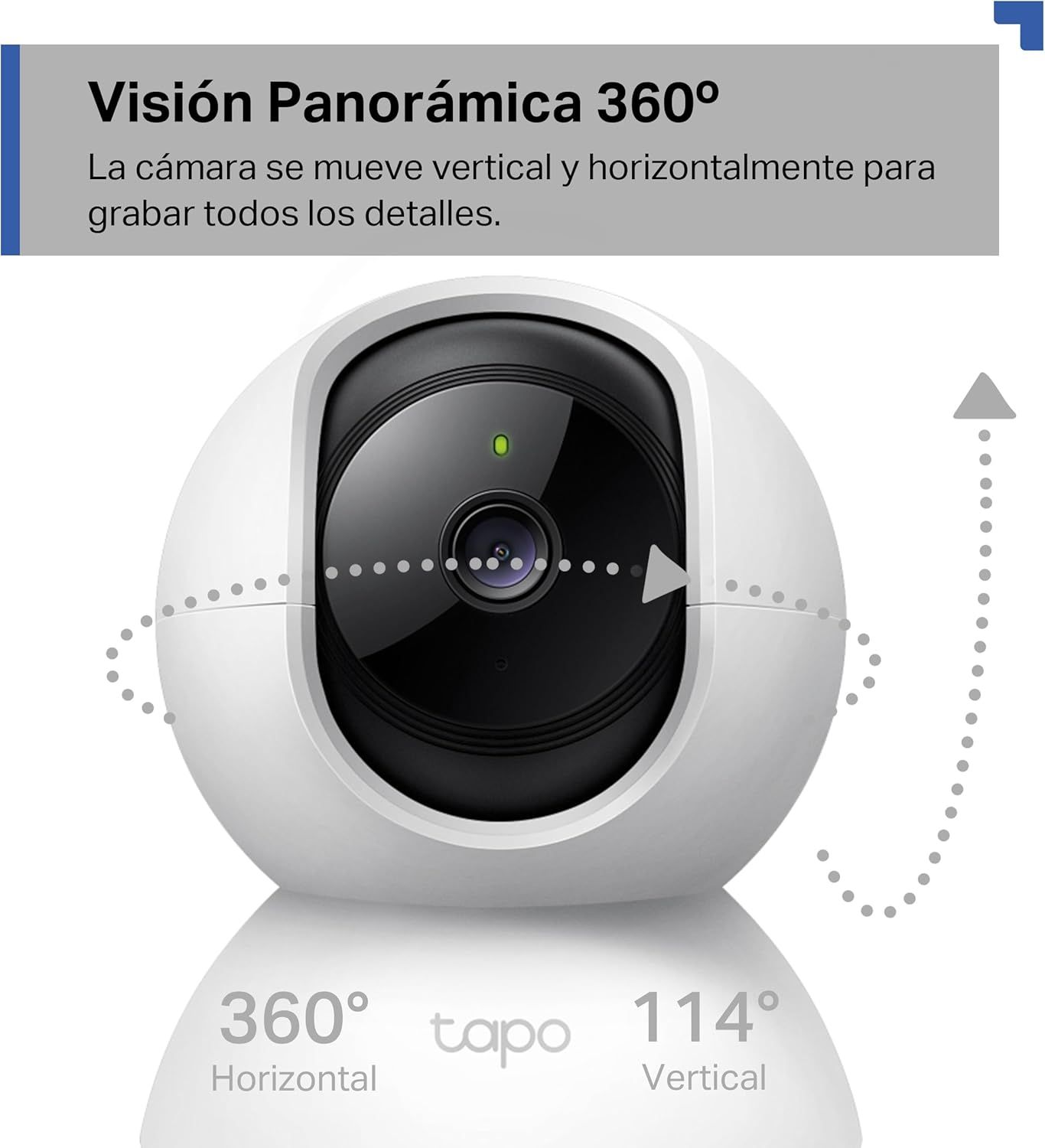 Demonstrates the camera's 360° horizontal and 114° vertical movement capabilities, showing shoppers the full range of motion for comprehensive surveillance coverage.