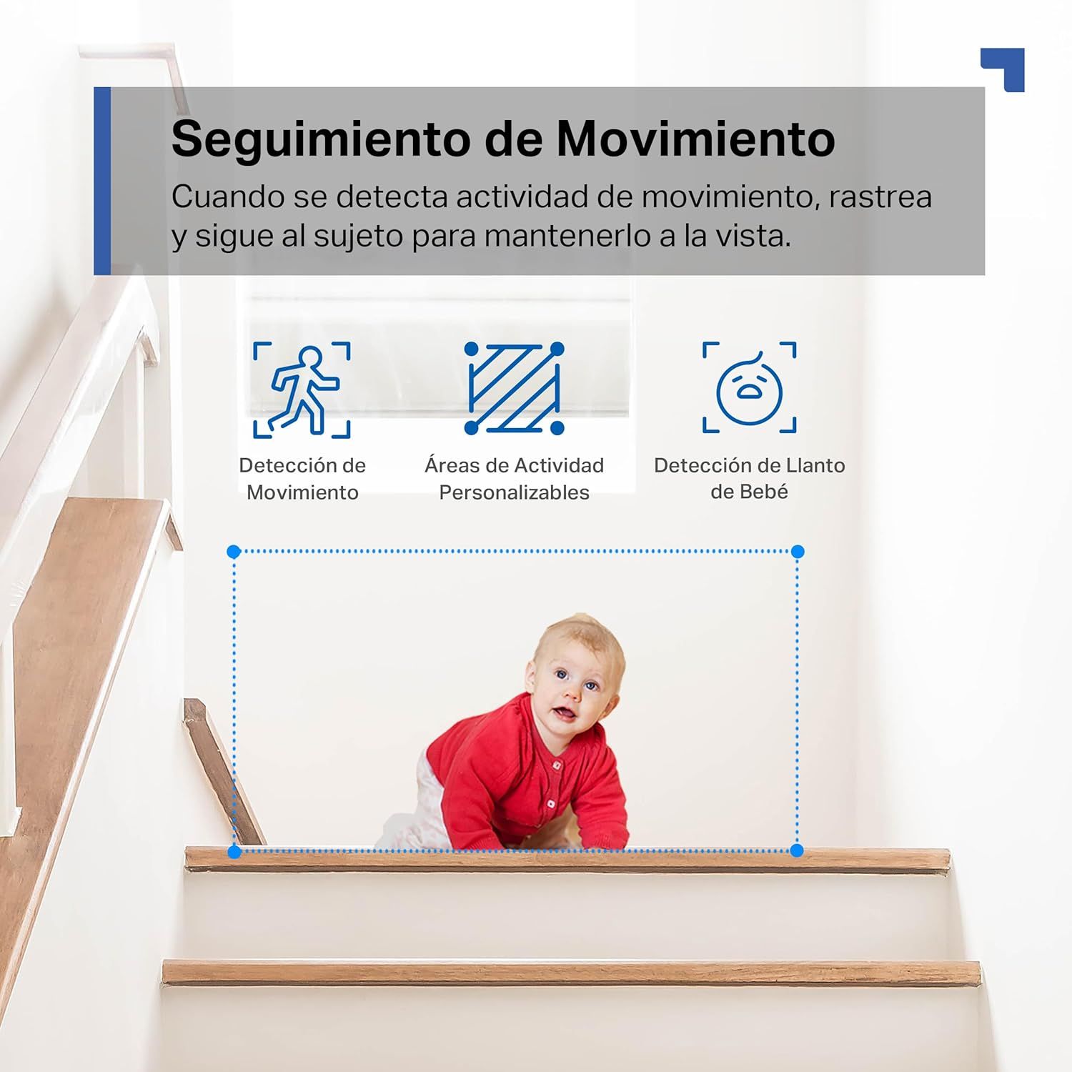 Communicates the product's motion tracking capabilities through three distinct features: detecting movement, customizable monitoring areas, and baby cry detection to reassure parents of…
