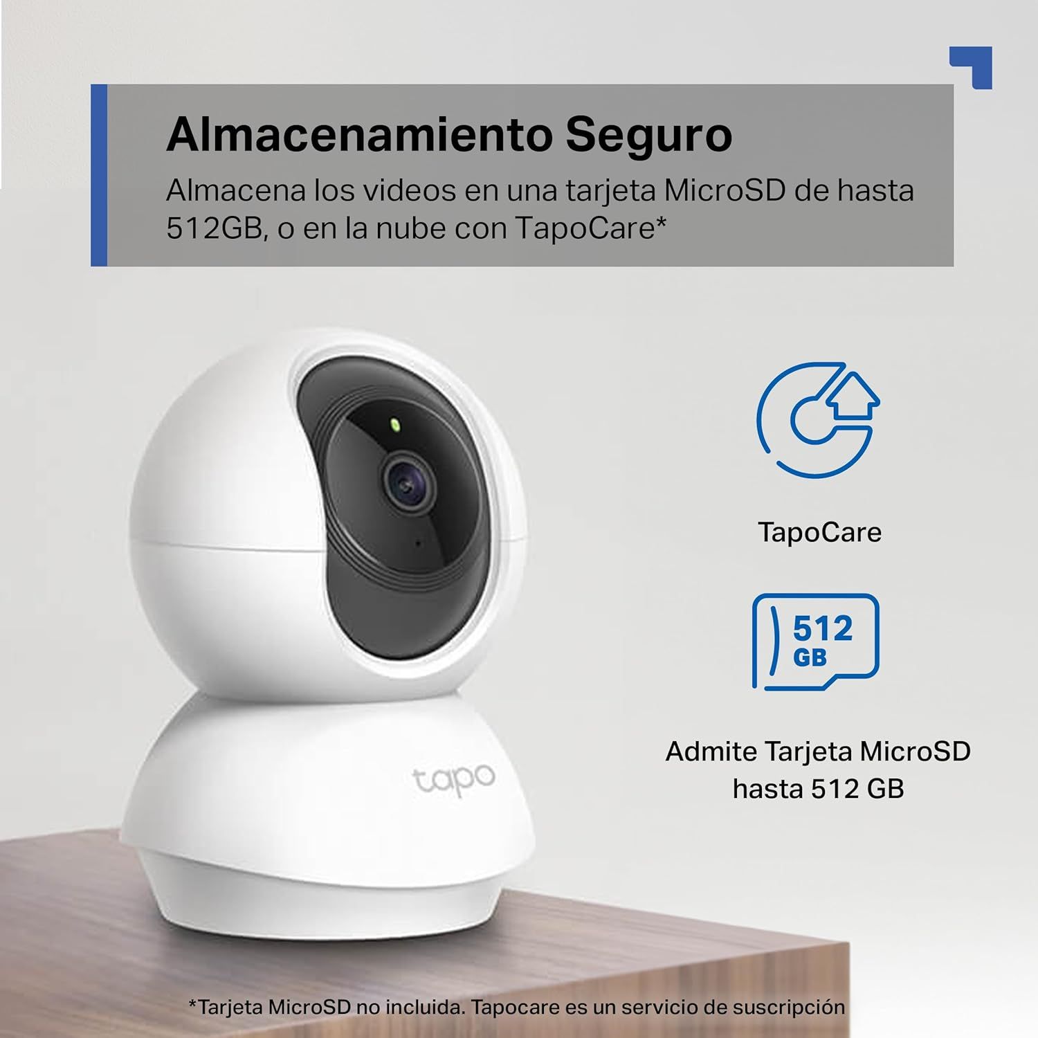 Communicates that the security camera offers flexible and secure storage options, supporting up to 512GB MicroSD cards or cloud storage via TapoCare subscription, reassuring shoppers about data…
