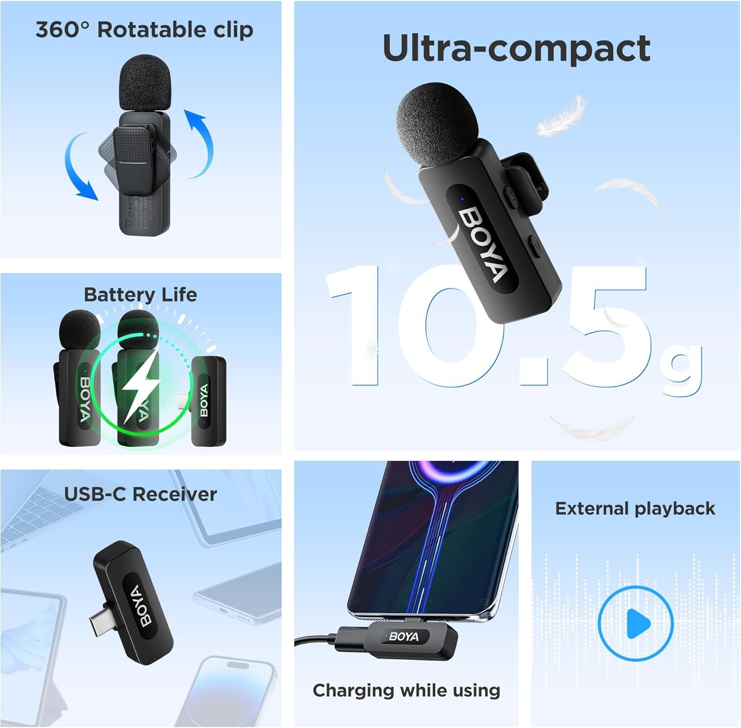 This image showcases multiple distinct features and benefits of the wireless microphone system in a segmented grid layout, helping shoppers understand the product's versatility, portability, battery…