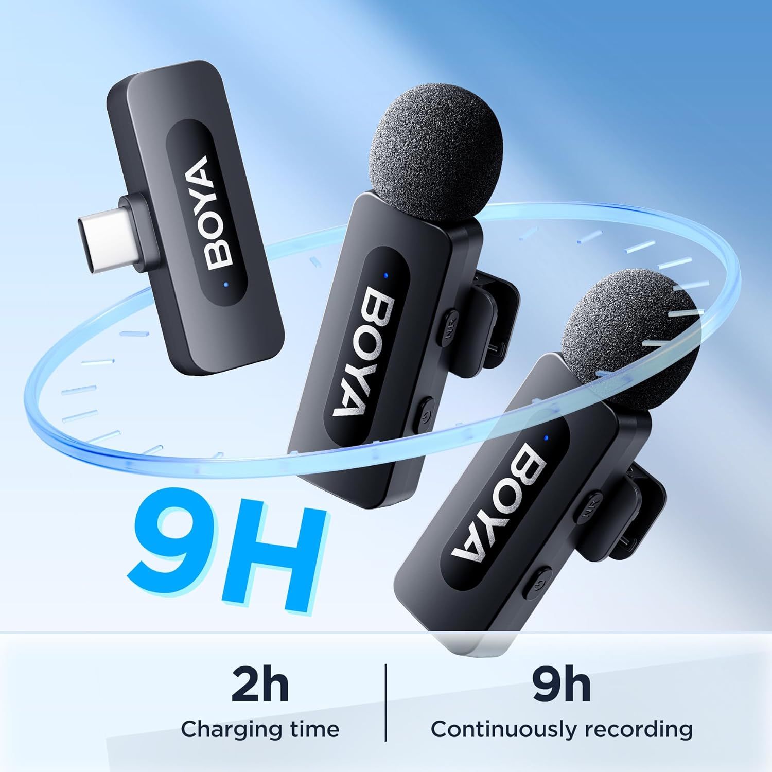 Communicates the product's impressive battery performance with 9 hours of continuous recording time and only 2 hours of charging time, reassuring shoppers about long-lasting usage. Highlights the…