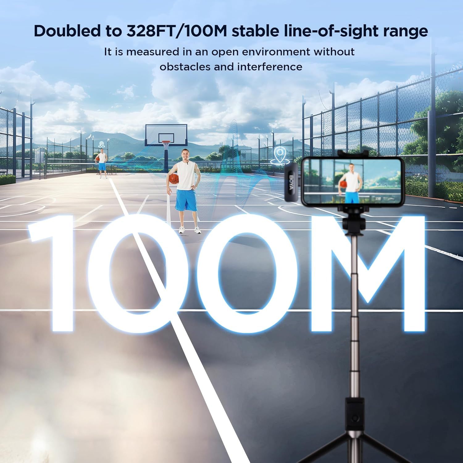 Communicates the impressive wireless range capability of the product (likely a selfie stick or camera device) to reassure shoppers it can maintain stable connection over long distances.