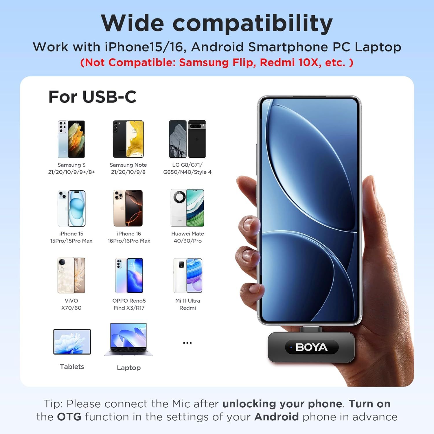 Demonstrates the product's compatibility with a wide range of devices including iPhone 15/16, Android smartphones, tablets, and laptops to reassure shoppers it will work with their specific device.