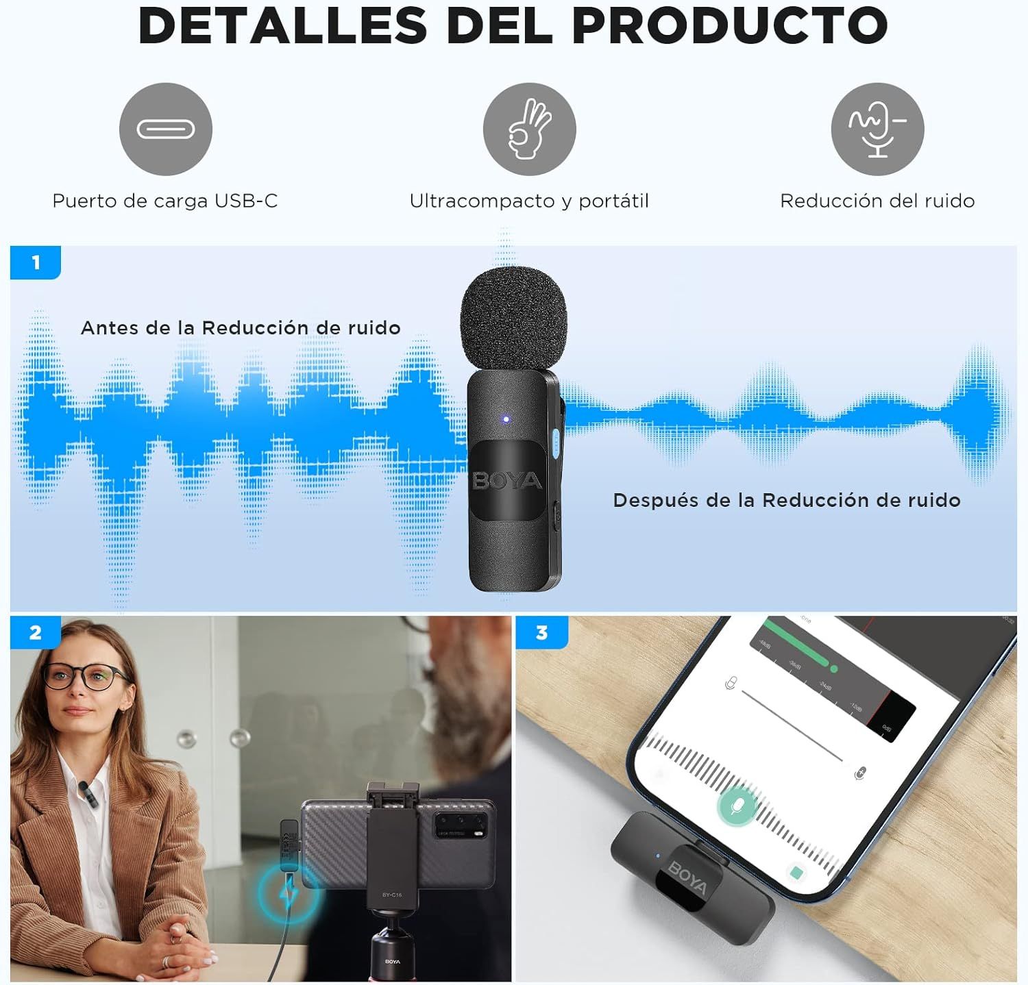 This image showcases multiple key features of the microphone product including USB-C charging capability, compact portability, and noise reduction technology to demonstrate its versatility and…