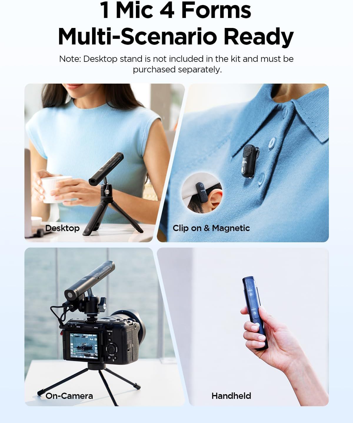 Demonstrates the microphone's versatility by showing four distinct use cases and mounting options, reassuring shoppers that one product can adapt to multiple recording scenarios.