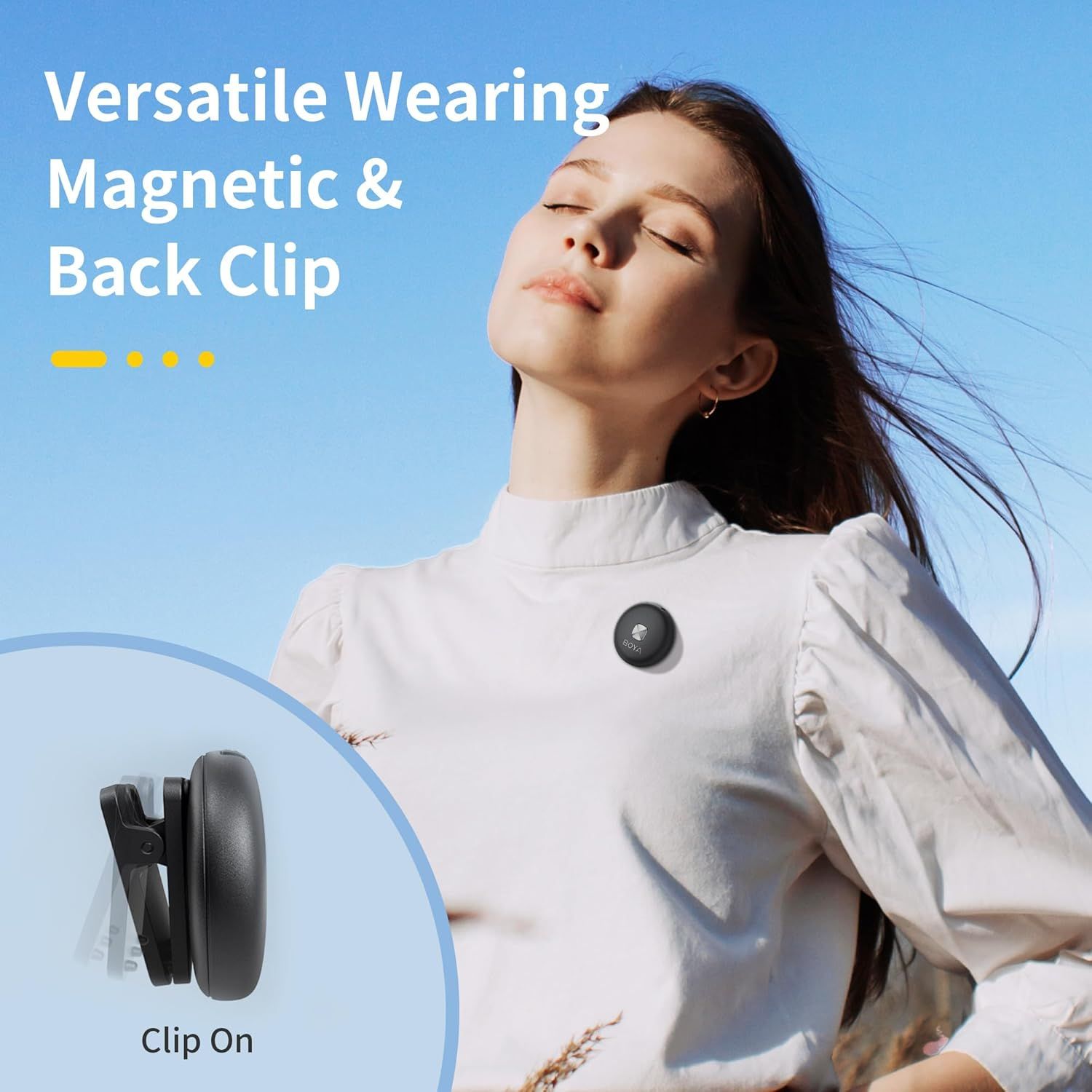 Communicates the product's versatile wearing options with both magnetic and clip-on attachment methods, emphasizing convenience and flexibility for the user.