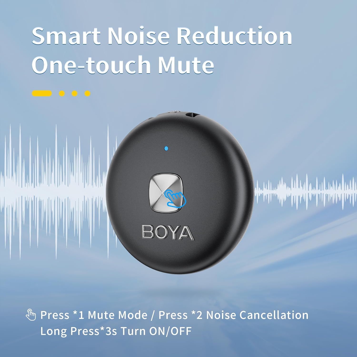 Highlights the product's smart noise reduction and one-touch mute functionality to communicate ease of use and audio quality control for content creators or professionals.
