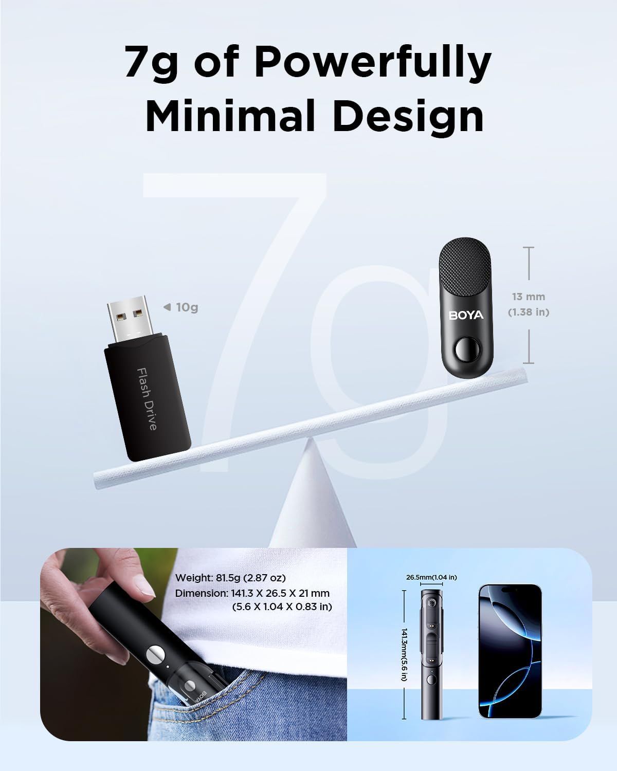 Communicates the product's ultra-lightweight (7g) and compact design to reassure shoppers that it's portable and minimally intrusive for on-the-go recording.
