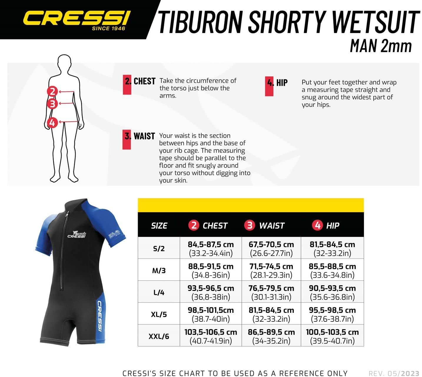 Provides detailed measurement instructions and a comprehensive size chart to help shoppers select the correct wetsuit size based on chest, waist, and hip measurements.