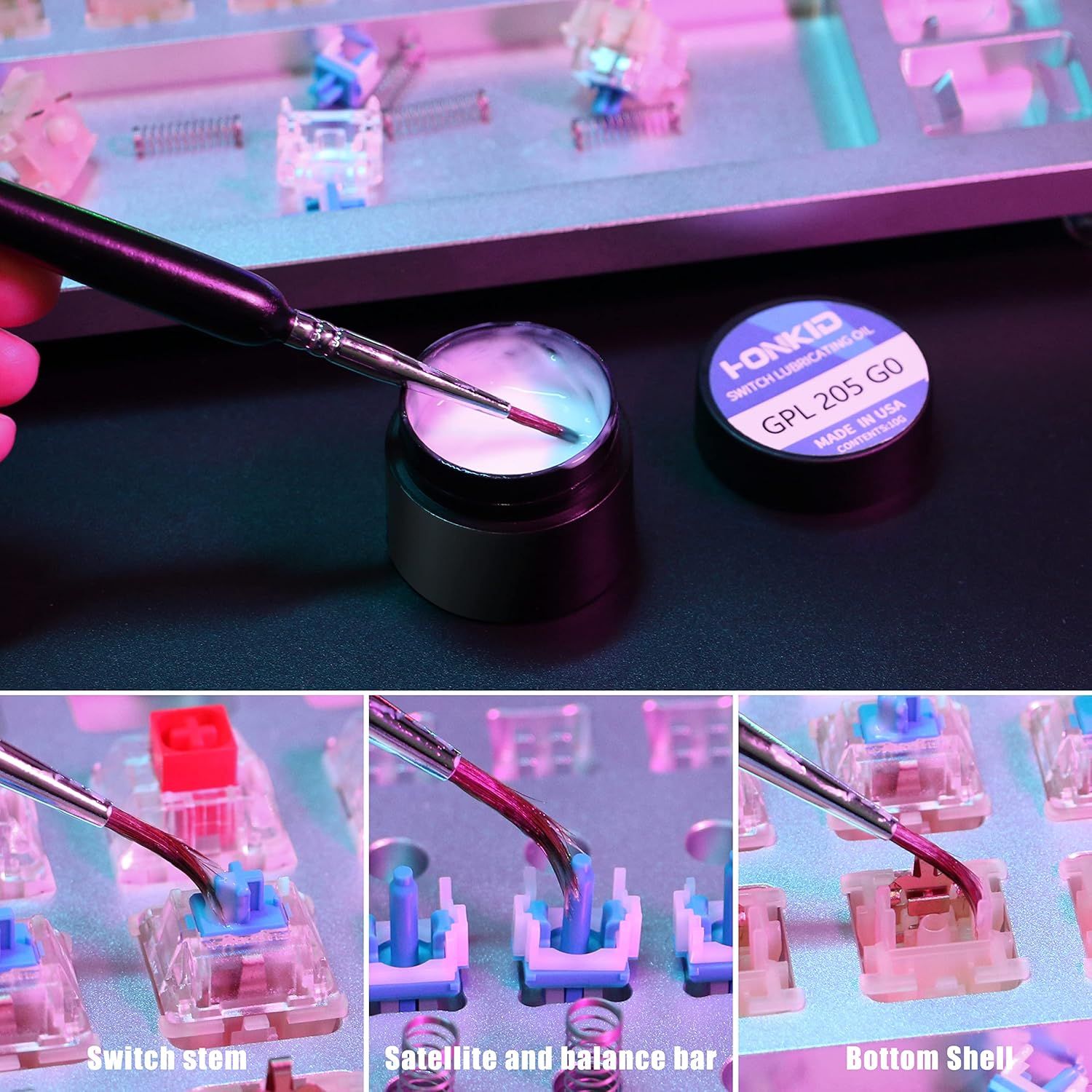 Demonstrates how to apply lubricant to mechanical keyboard switches and shows the key components involved in the assembly process. Breaks down the physical components of the keyboard switch…