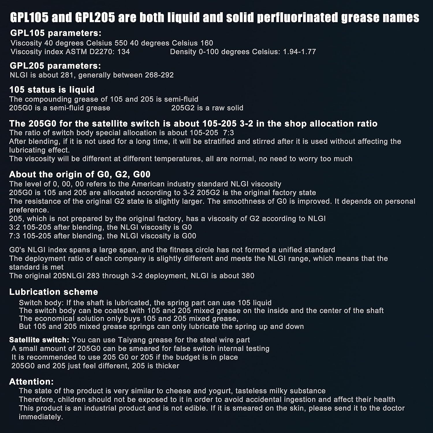 This image provides comprehensive technical information about GPL105 and GPL205 grease products, including parameters, mixing ratios, lubrication applications, and safety warnings to help industrial…