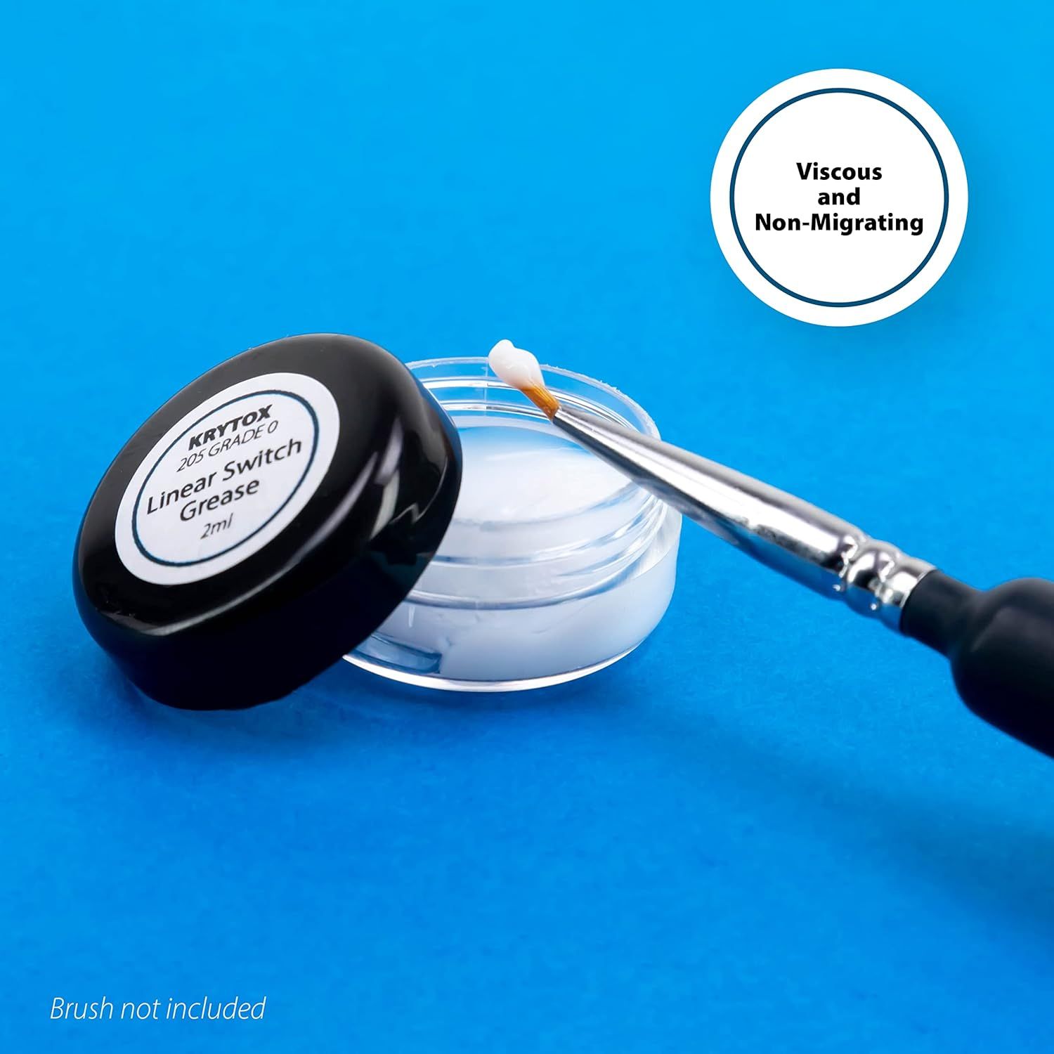 Highlights the product's viscous and non-migrating properties to reassure shoppers that the grease stays in place and provides reliable lubrication without spreading or running.