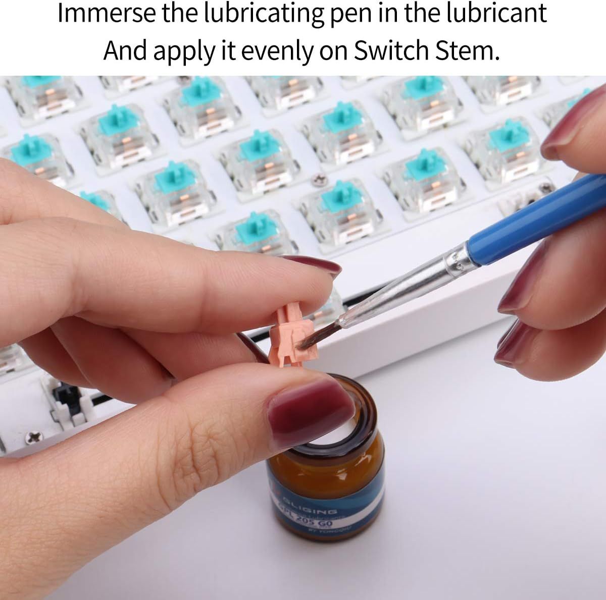 Demonstrates the proper technique for applying lubricant to keyboard switches, educating shoppers on how to maintain and improve their mechanical keyboard performance.