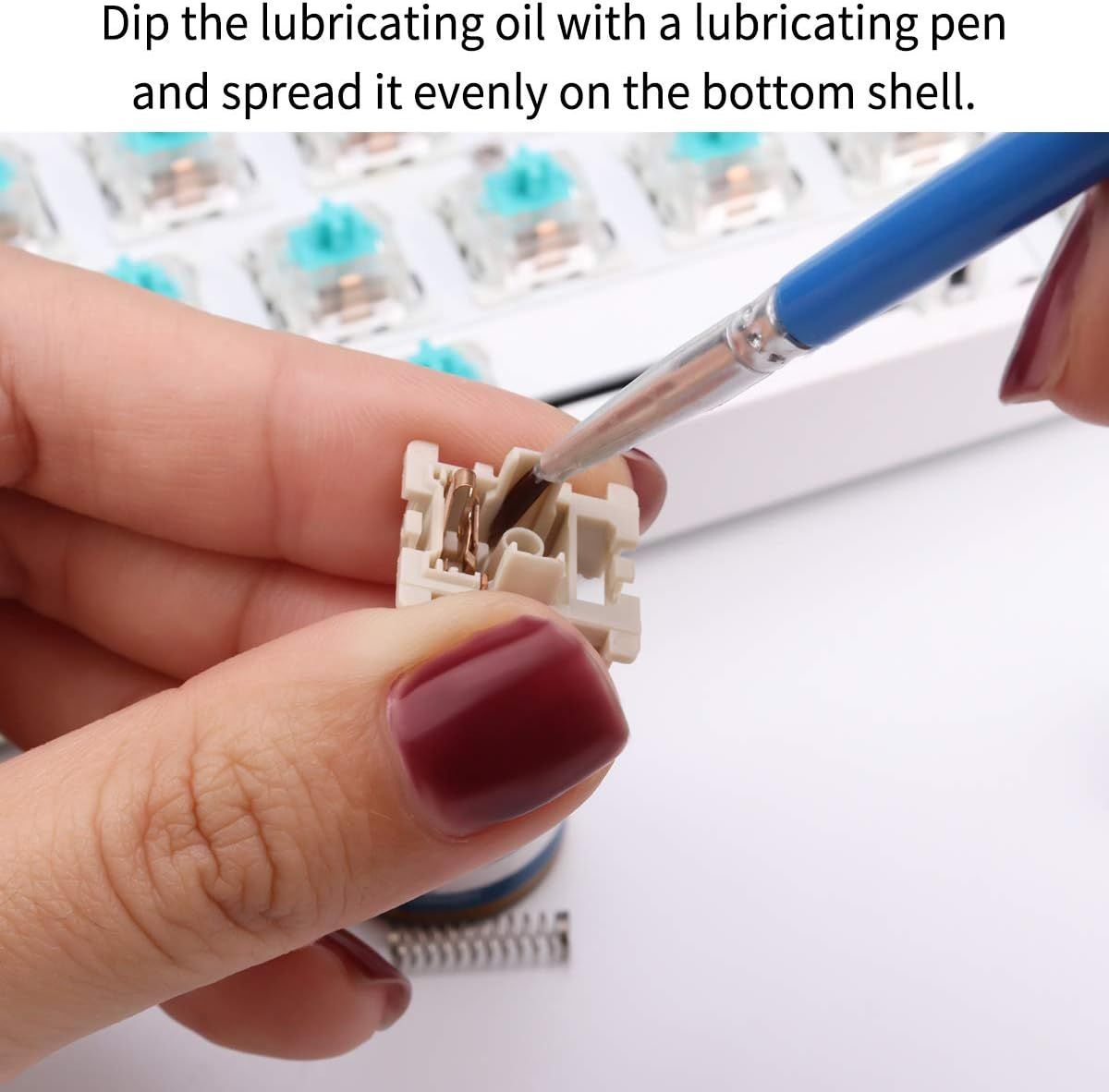 Demonstrates the specific step of applying lubricating oil to the product's bottom shell using a lubricating pen, helping shoppers understand the maintenance or assembly process.