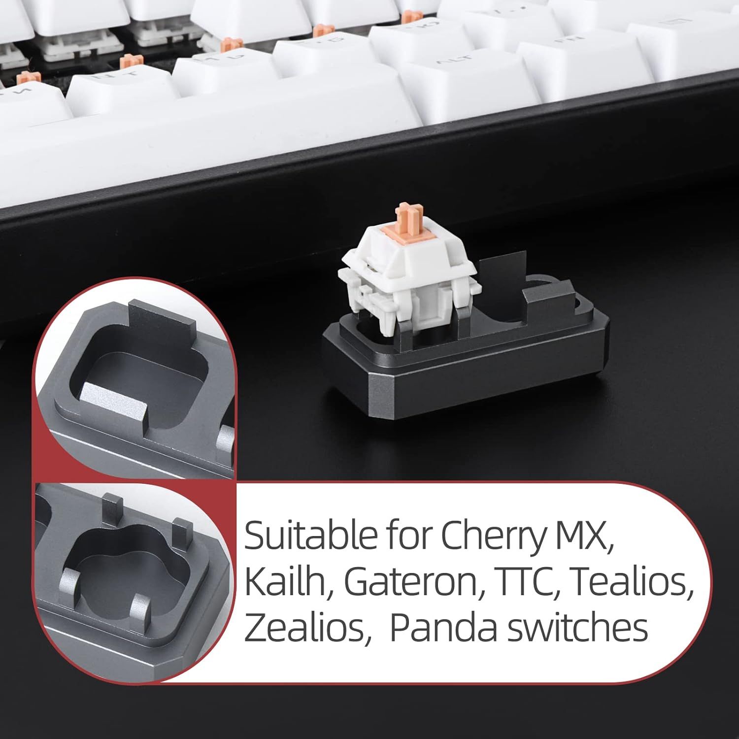 Communicates which mechanical keyboard switch types the product is compatible with, reassuring shoppers that it works with their preferred switch brand. Demonstrates compatibility with multiple…