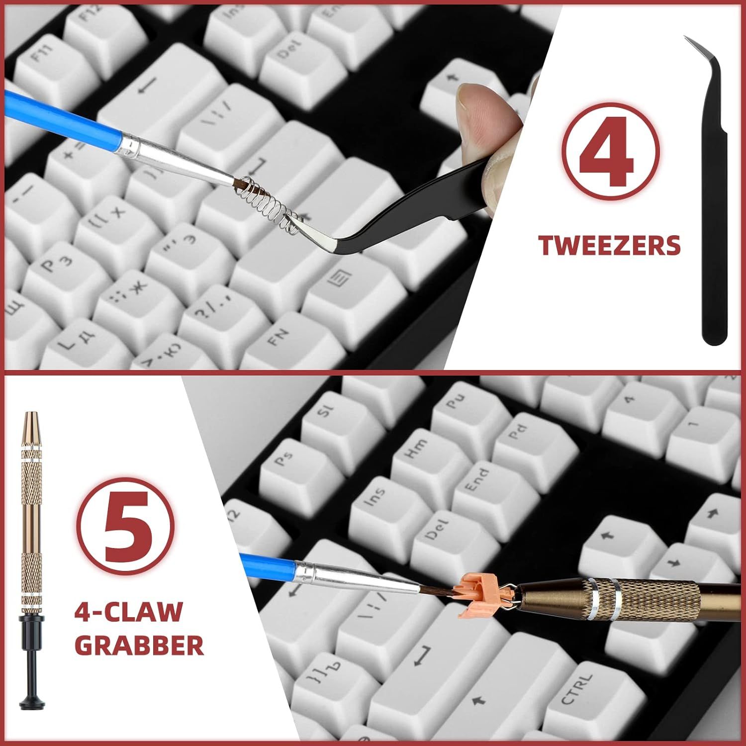 Shows the customer what tools are included in the kit, specifically highlighting the 4 tweezers and 4-claw grabber for keyboard cleaning and maintenance.