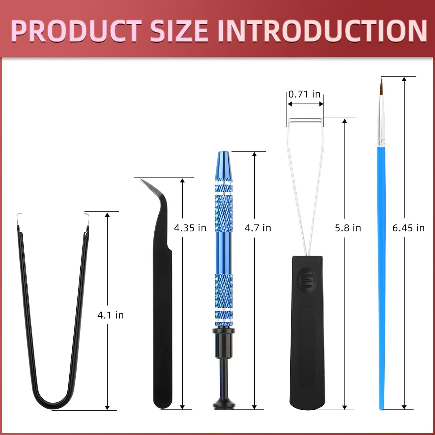 Provides exact height measurements for each tool in the kit so shoppers can understand the physical size of each component before purchase.