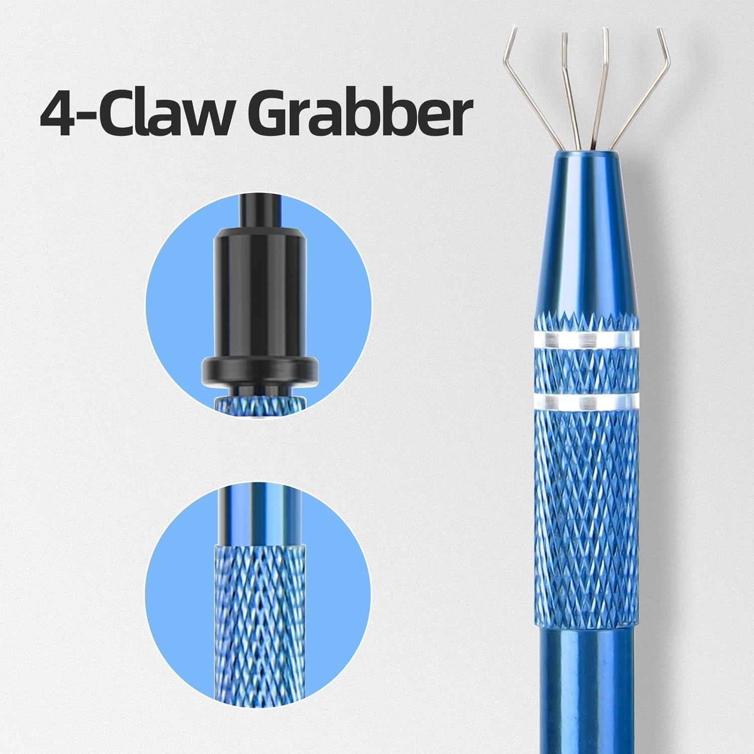 Highlights the physical components of the grabber tool, specifically the 4-claw mechanism at the top and the textured grip surface on the body, to help shoppers understand the product's construction…
