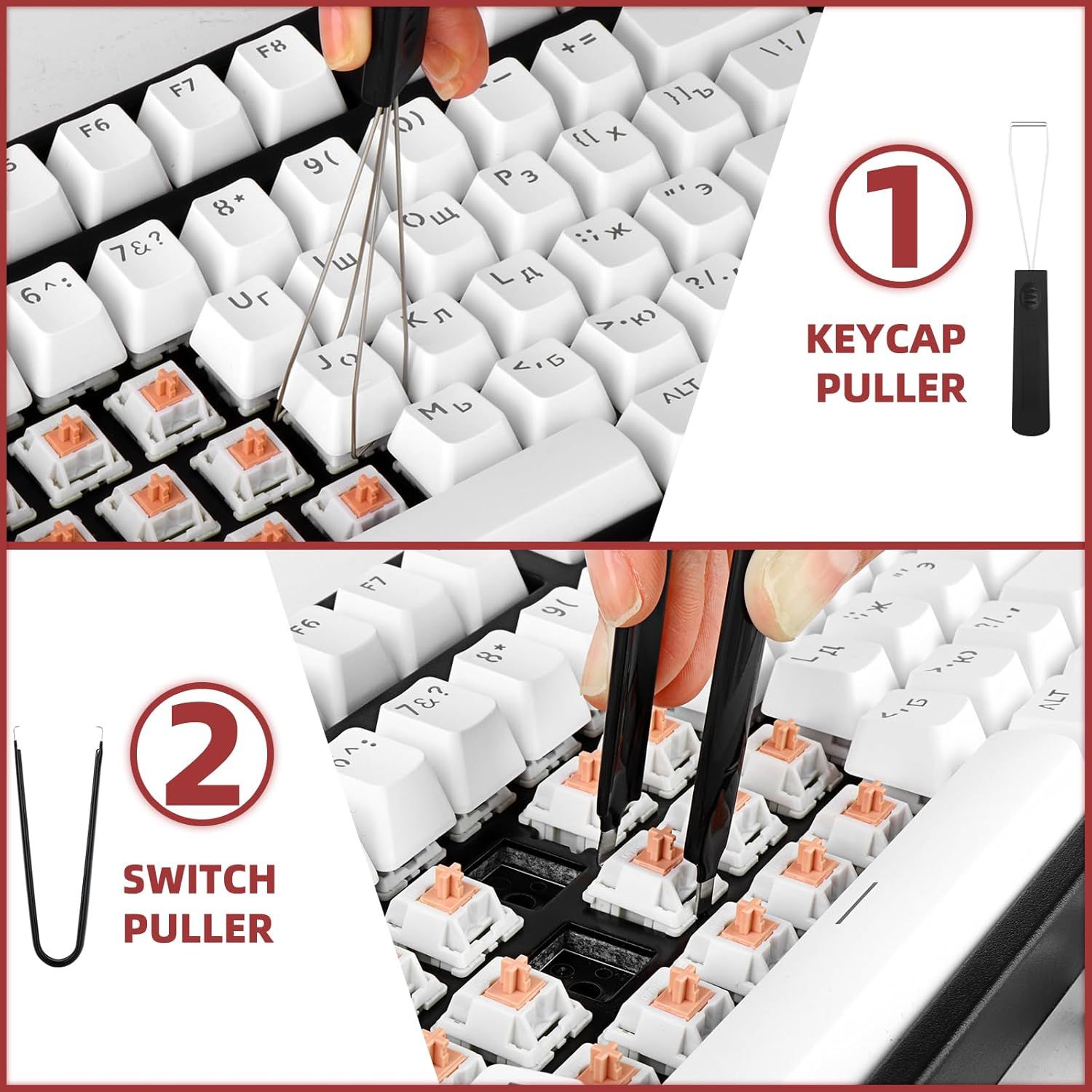 Demonstrates the two-step process for removing keycaps and switches from a mechanical keyboard, showing shoppers how to use the included tools for maintenance or customization. Shows the two…