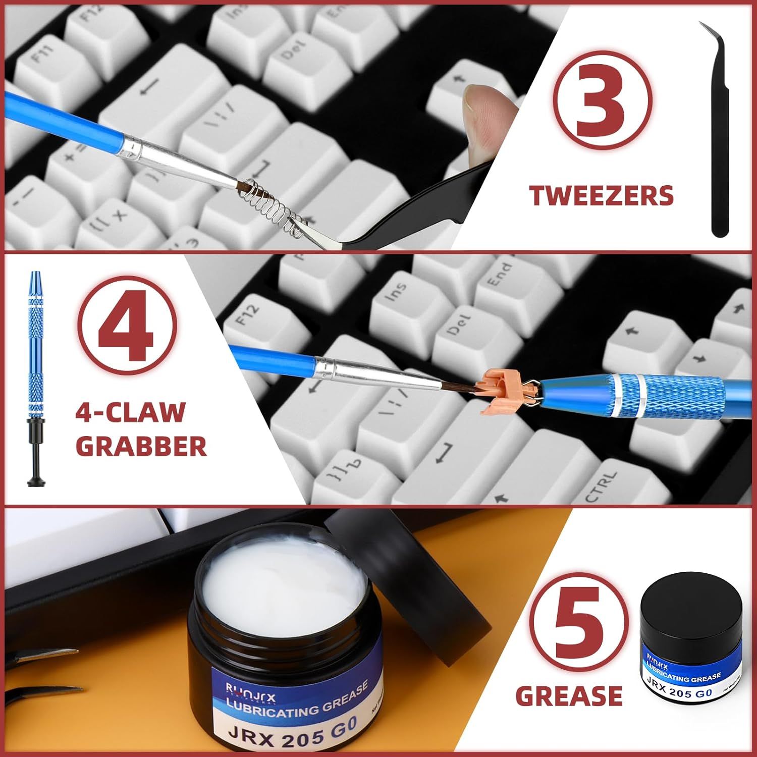 Shows three specific tools/accessories included with the product (likely a keyboard maintenance kit), helping shoppers understand what they receive in the package.